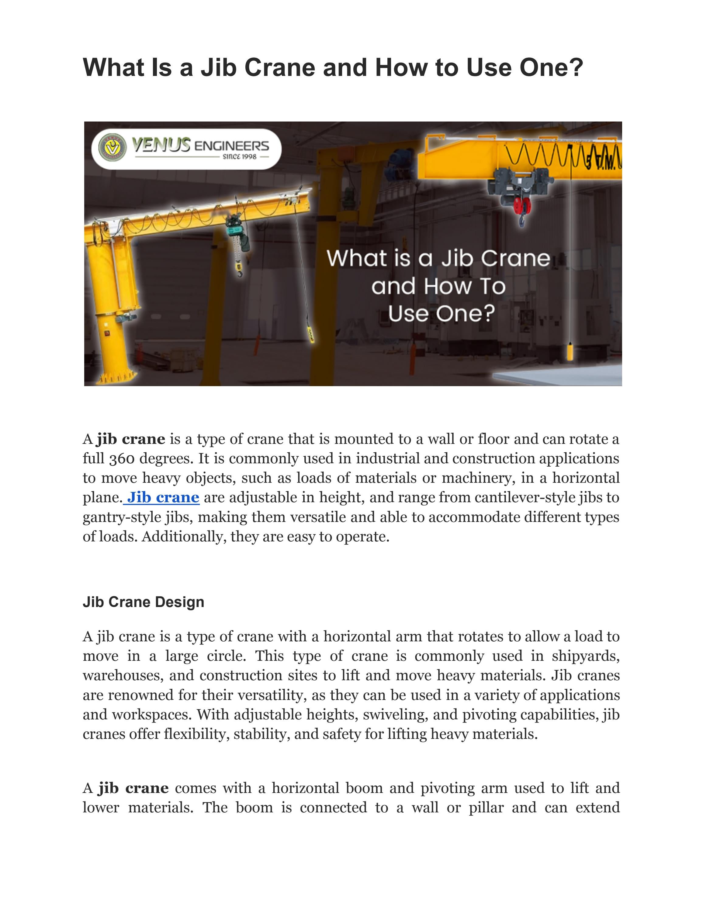 What Is a Jib Crane and How to Use One? by Venus Engineers Issuu