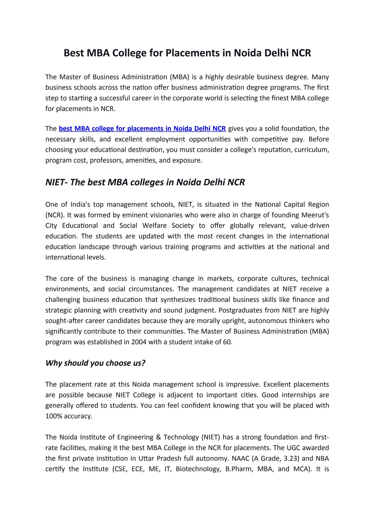 Best MBA College for Placements in Noida Delhi NCR by NIETGrNoida - Issuu