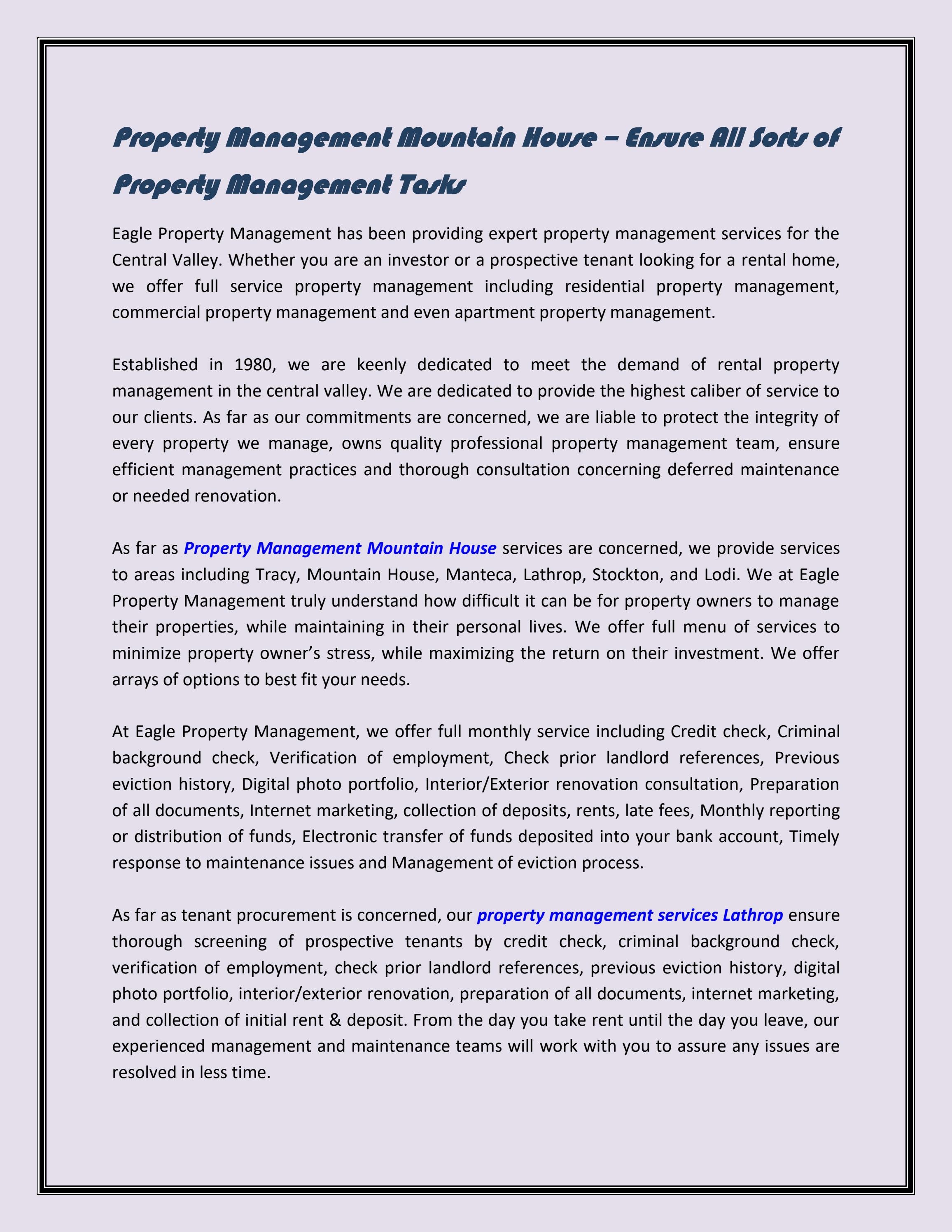 Property Management Mountain House Ensure All Sorts of Property