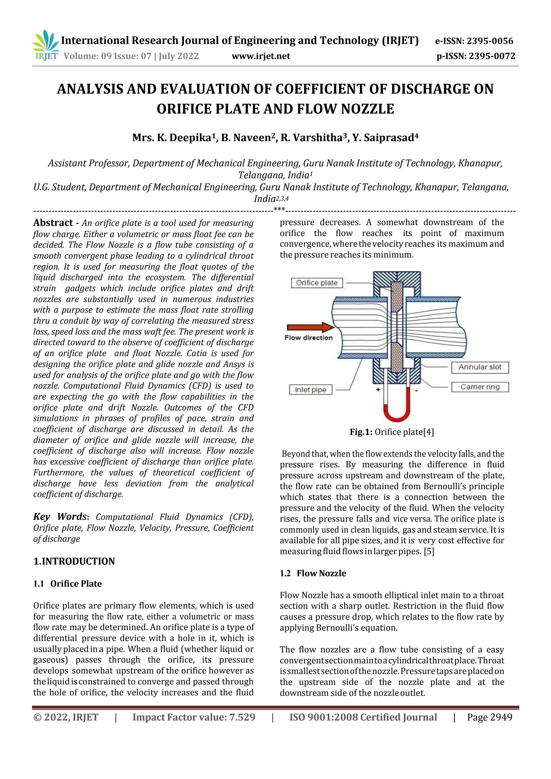 ANALYSIS AND EVALUATION OF COEFFICIENT OF DISCHARGE ON ORIFICE PLATE
