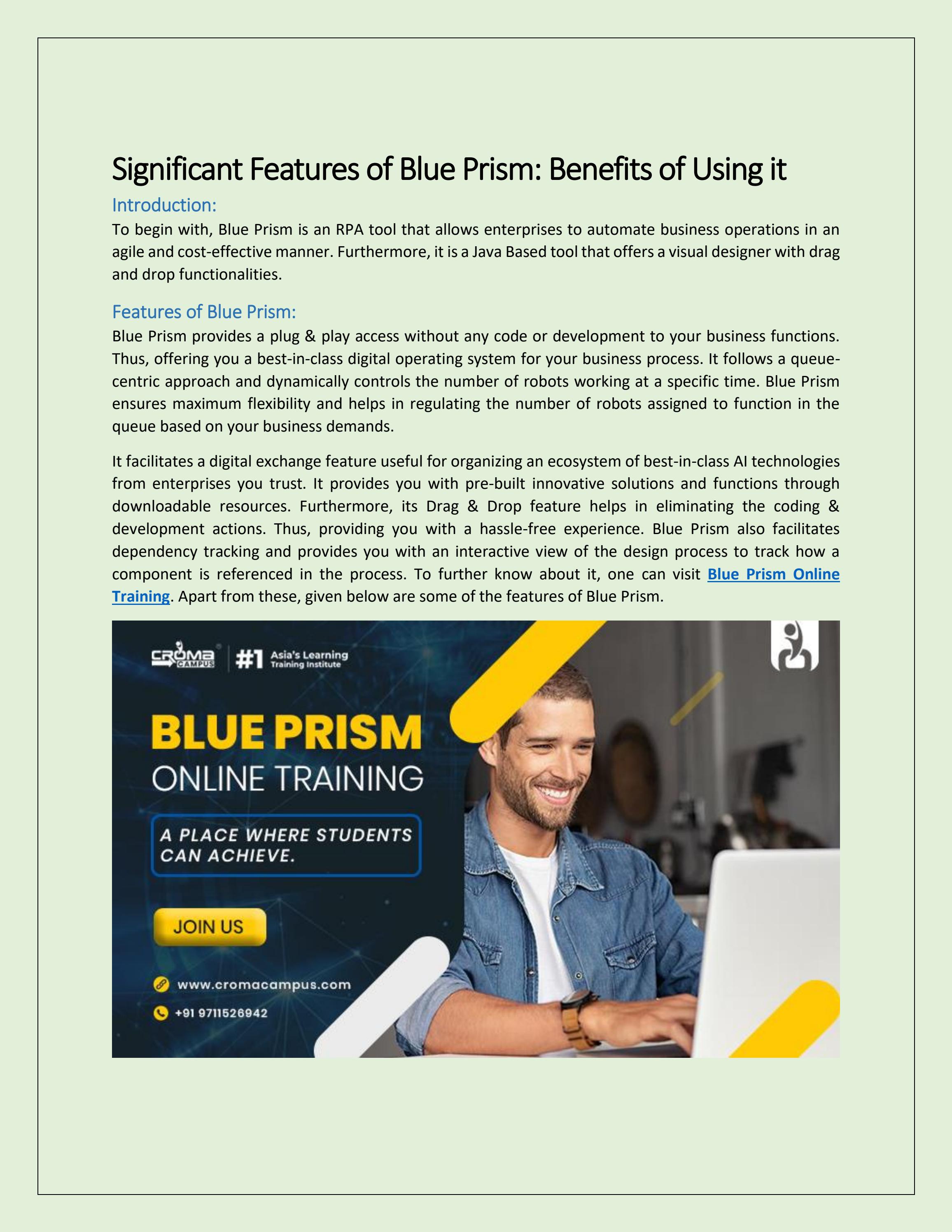 Significant Features of Blue Prism Benefits of Using it by