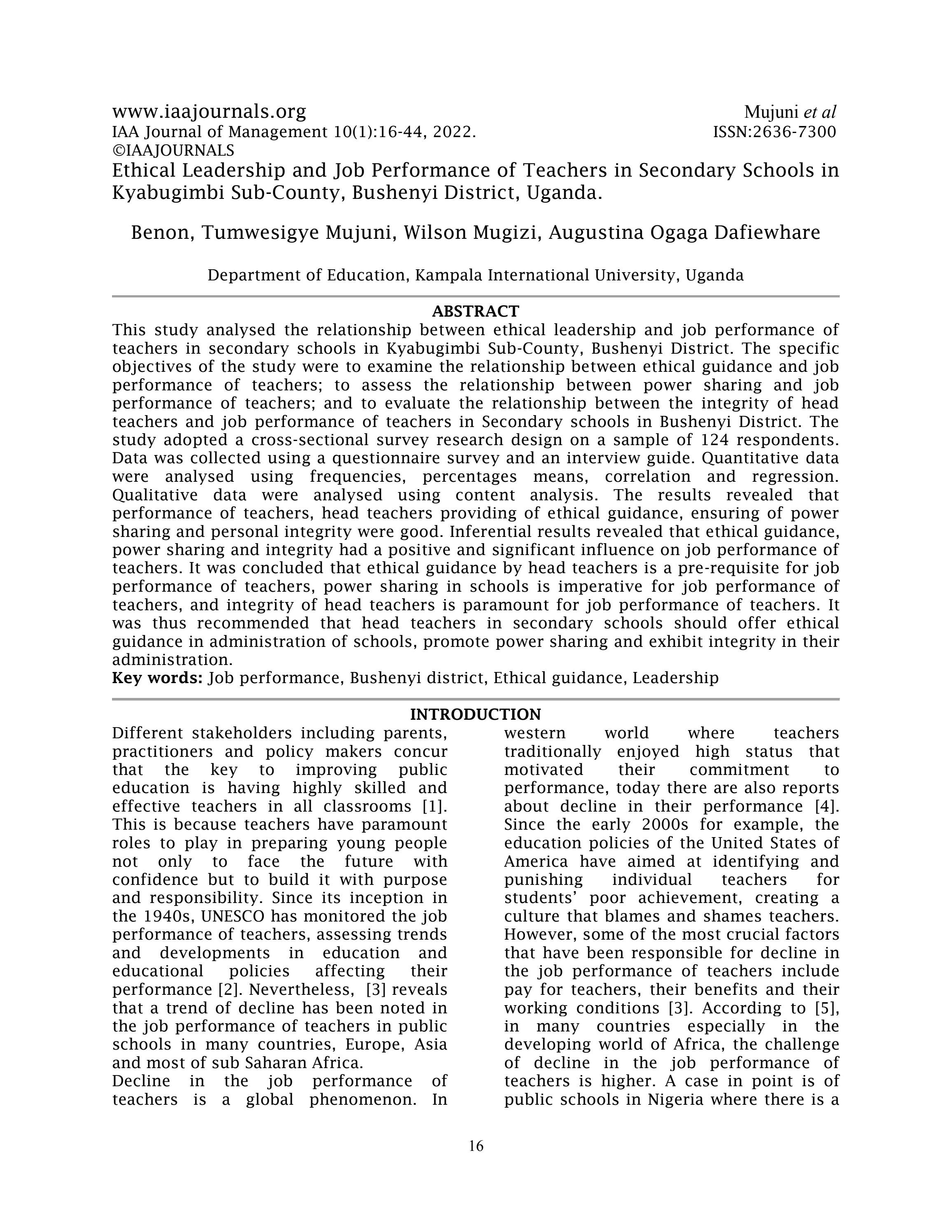 Ethical Leadership and Job Performance of Teachers in Secondary Schools ...