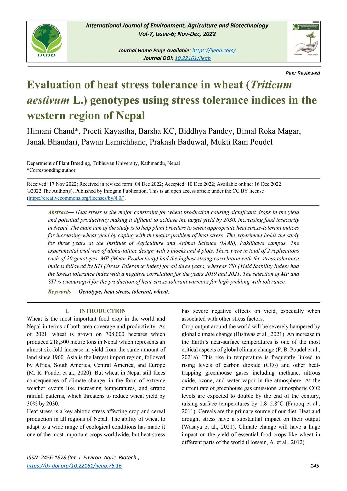 Evaluation of heat stress tolerance in wheat (Triticum aestivum L ...