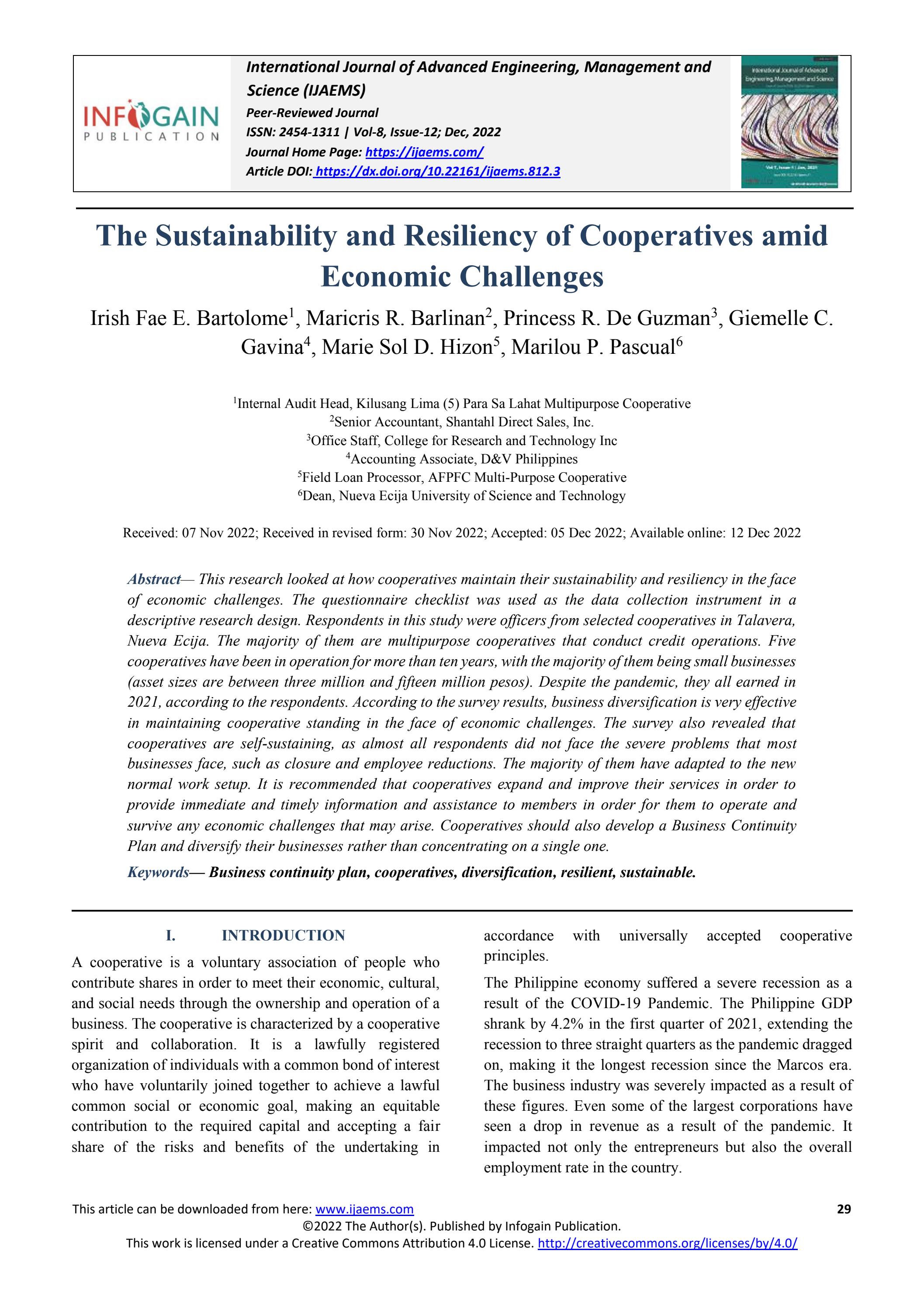 The Sustainability and Resiliency of Cooperatives amid Economic
