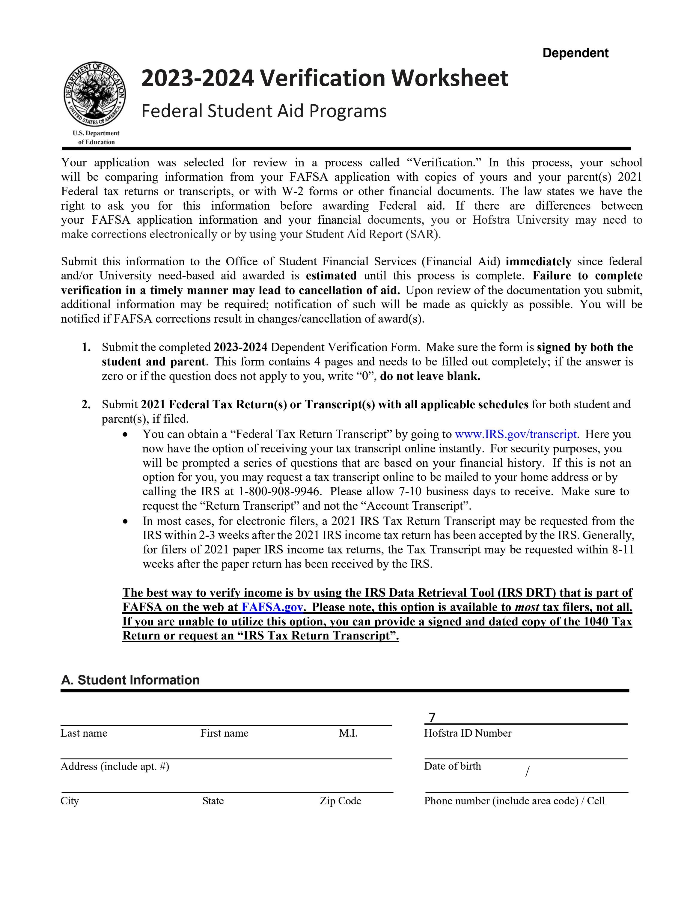 2023-2024 Verification Worksheet - Dependent by Hofstra University - Issuu