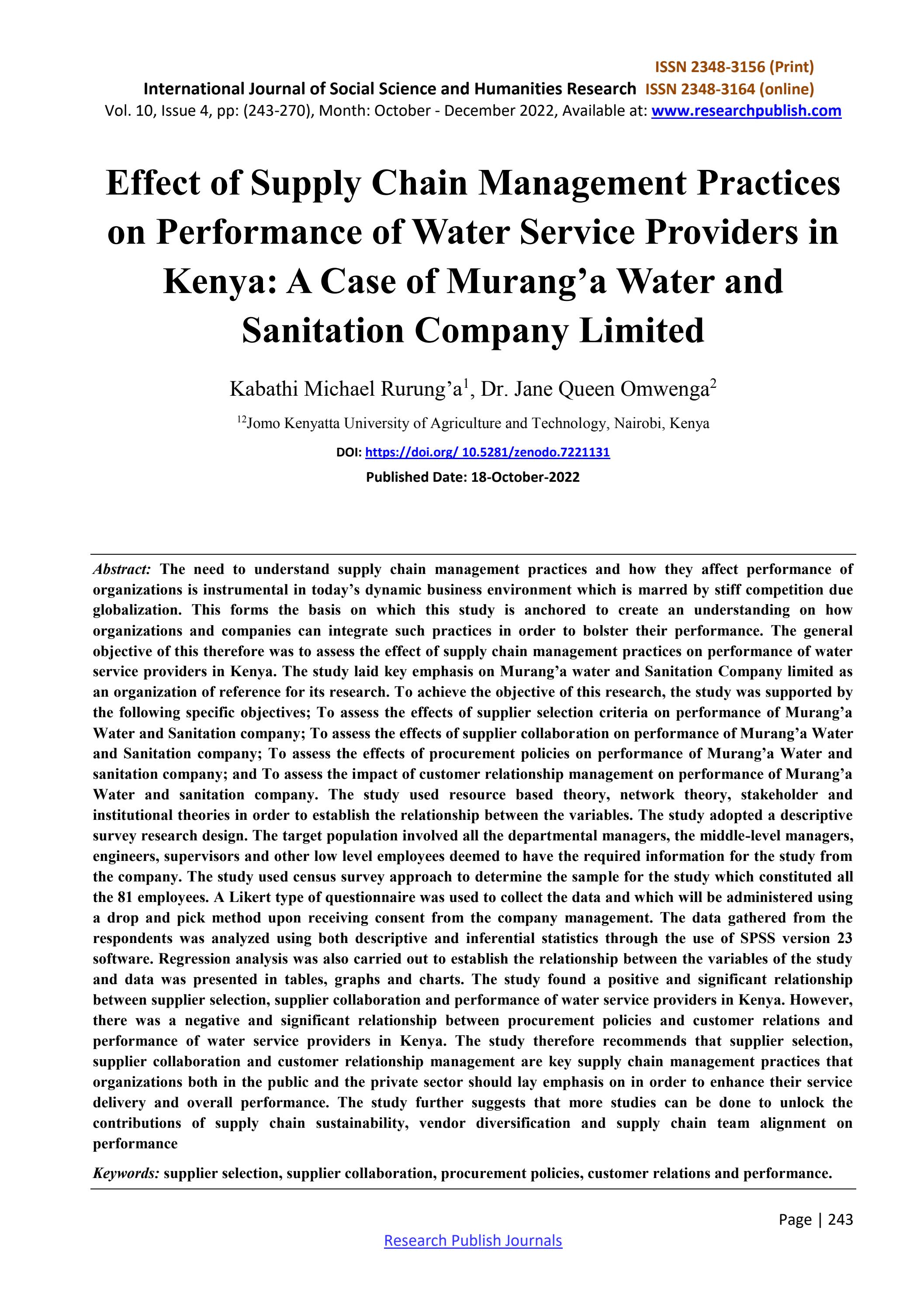 Effect of Supply Chain Management Practices on Performance of Water