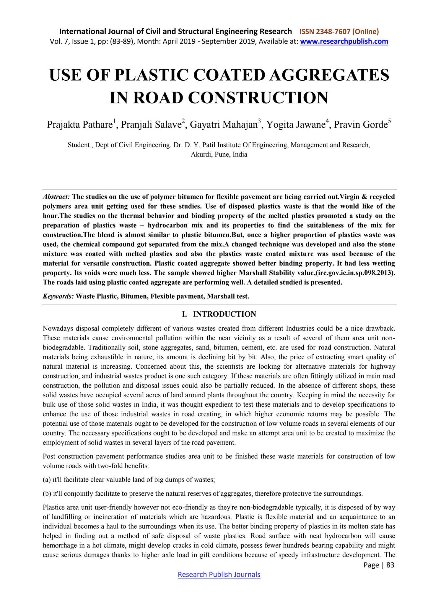 USE OF PLASTIC COATED AGGREGATES IN ROAD CONSTRUCTION by Research ...