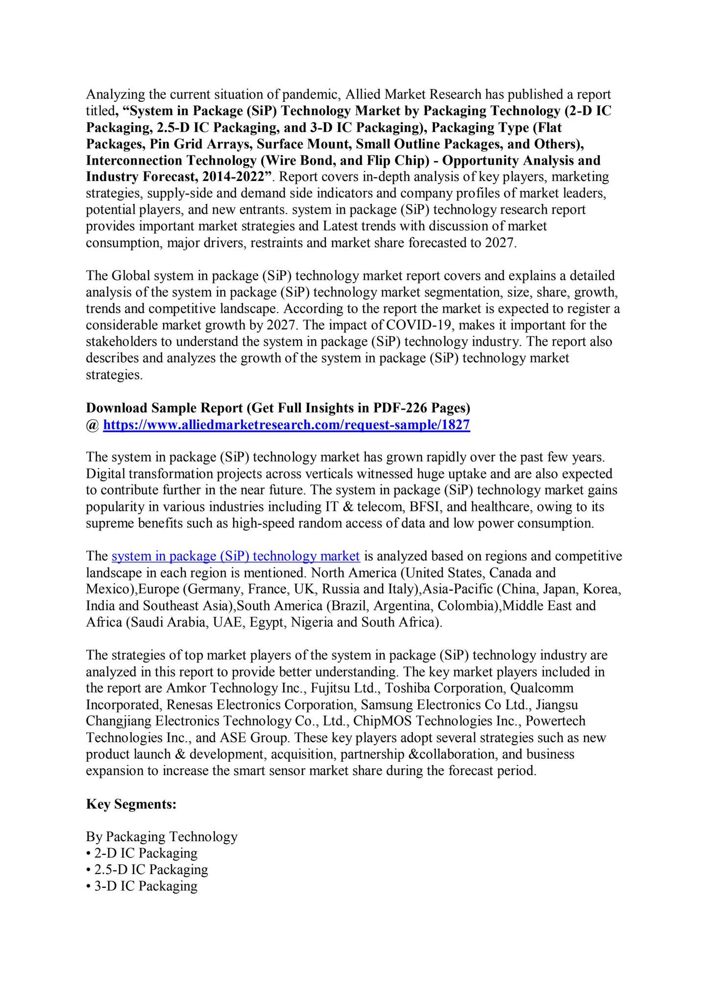 System in Package (SiP) Technology Market Size, Status, Global Outlook ...