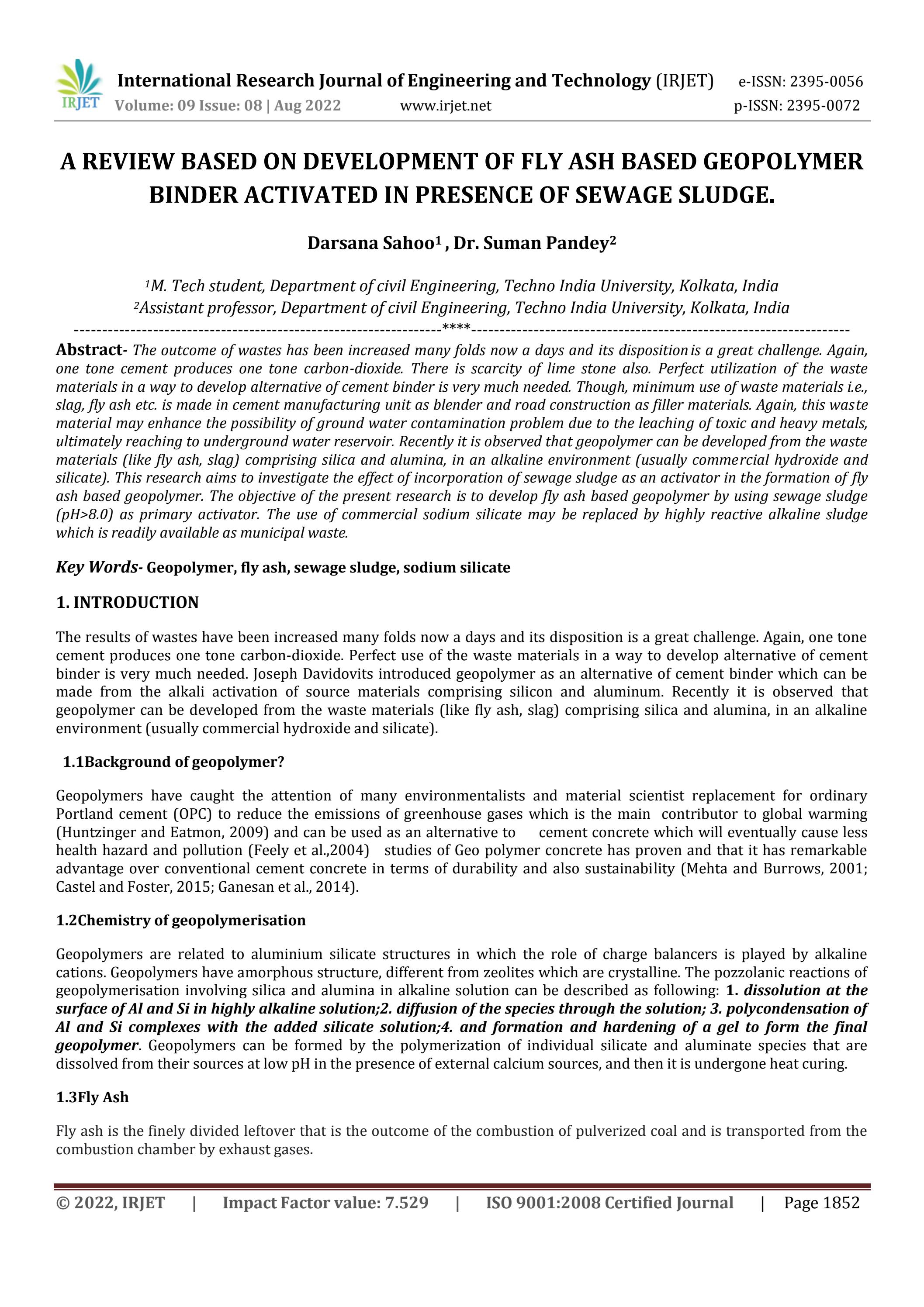 A REVIEW BASED ON DEVELOPMENT OF FLY ASH BASED GEOPOLYMER BINDER