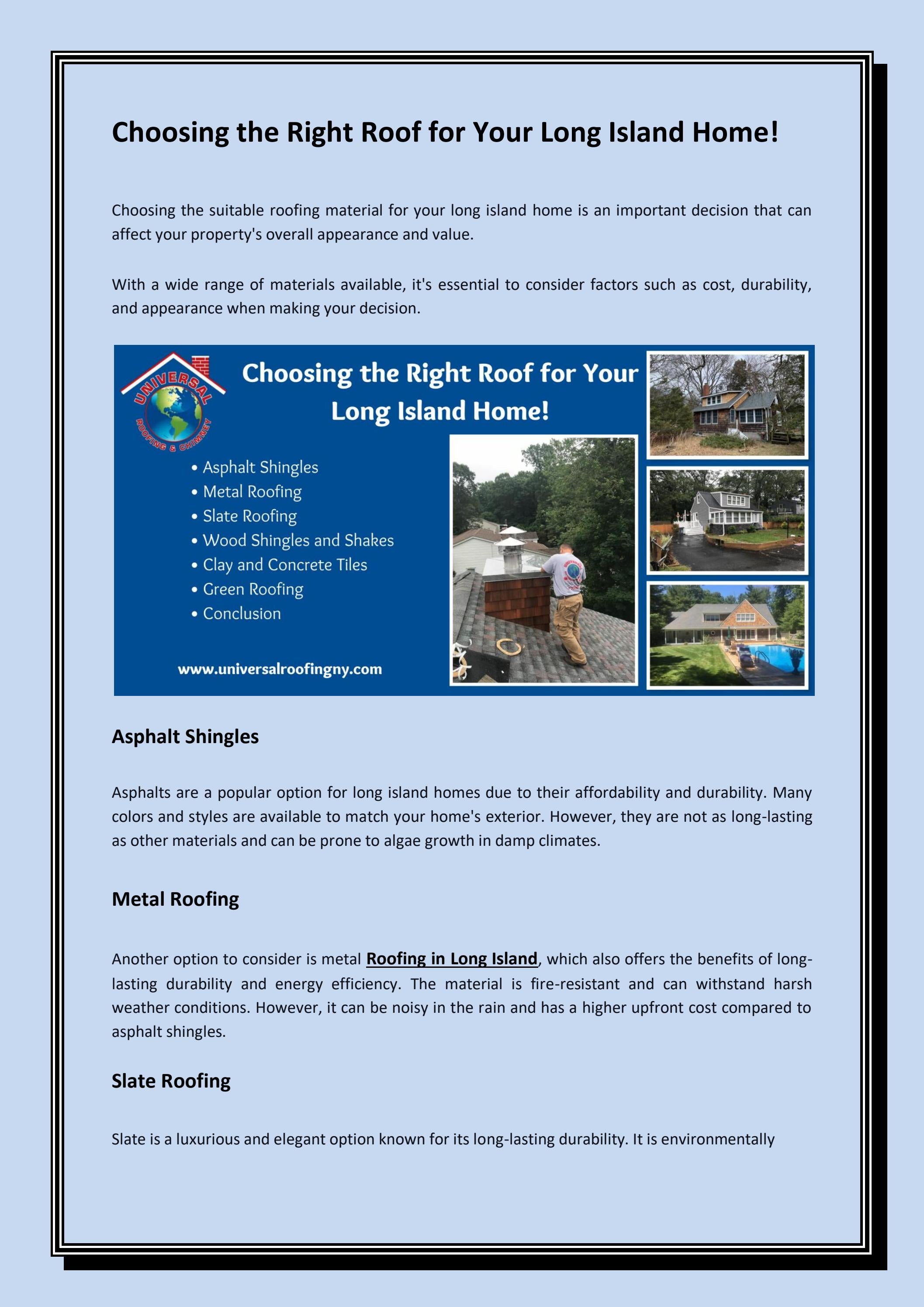 Choosing the Right Roof for Your Long Island Home! by Universal Roofing