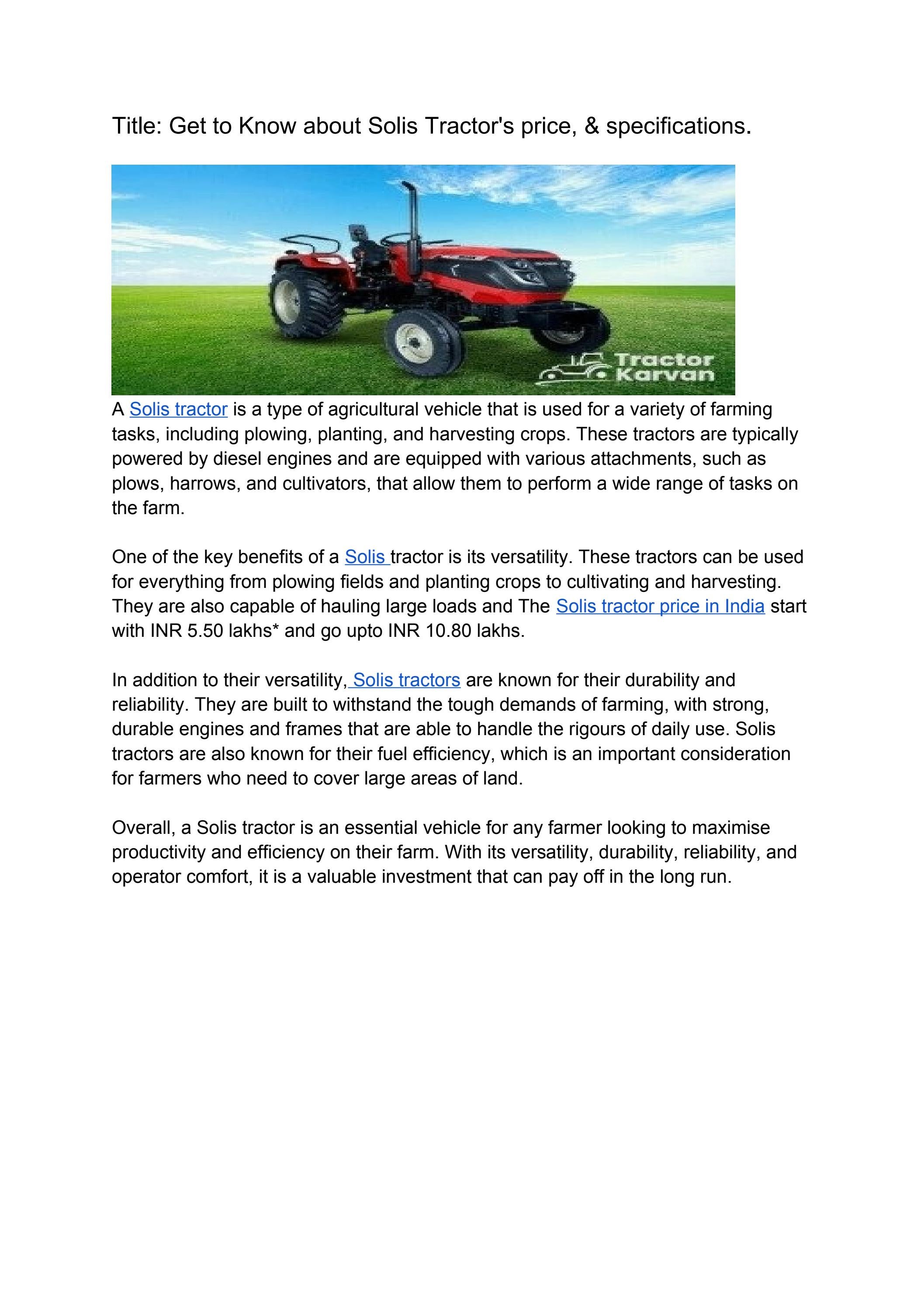 Get to Know about Solis Tractor's price, & specifications. by Anjali