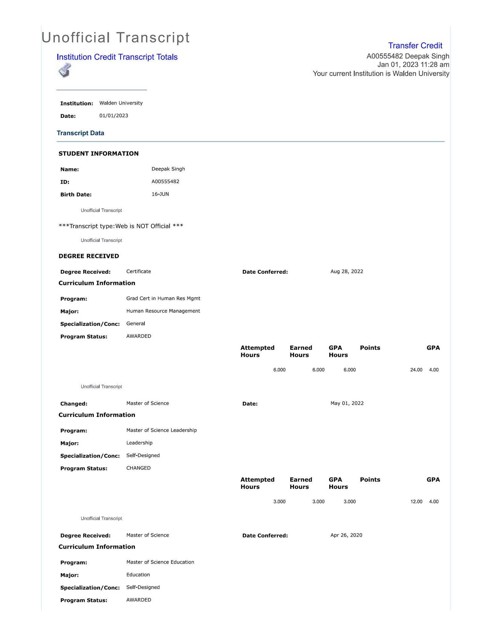 Human Service Transcript Walden University Transcript of Deepak (Danny) Singh Graduate ...