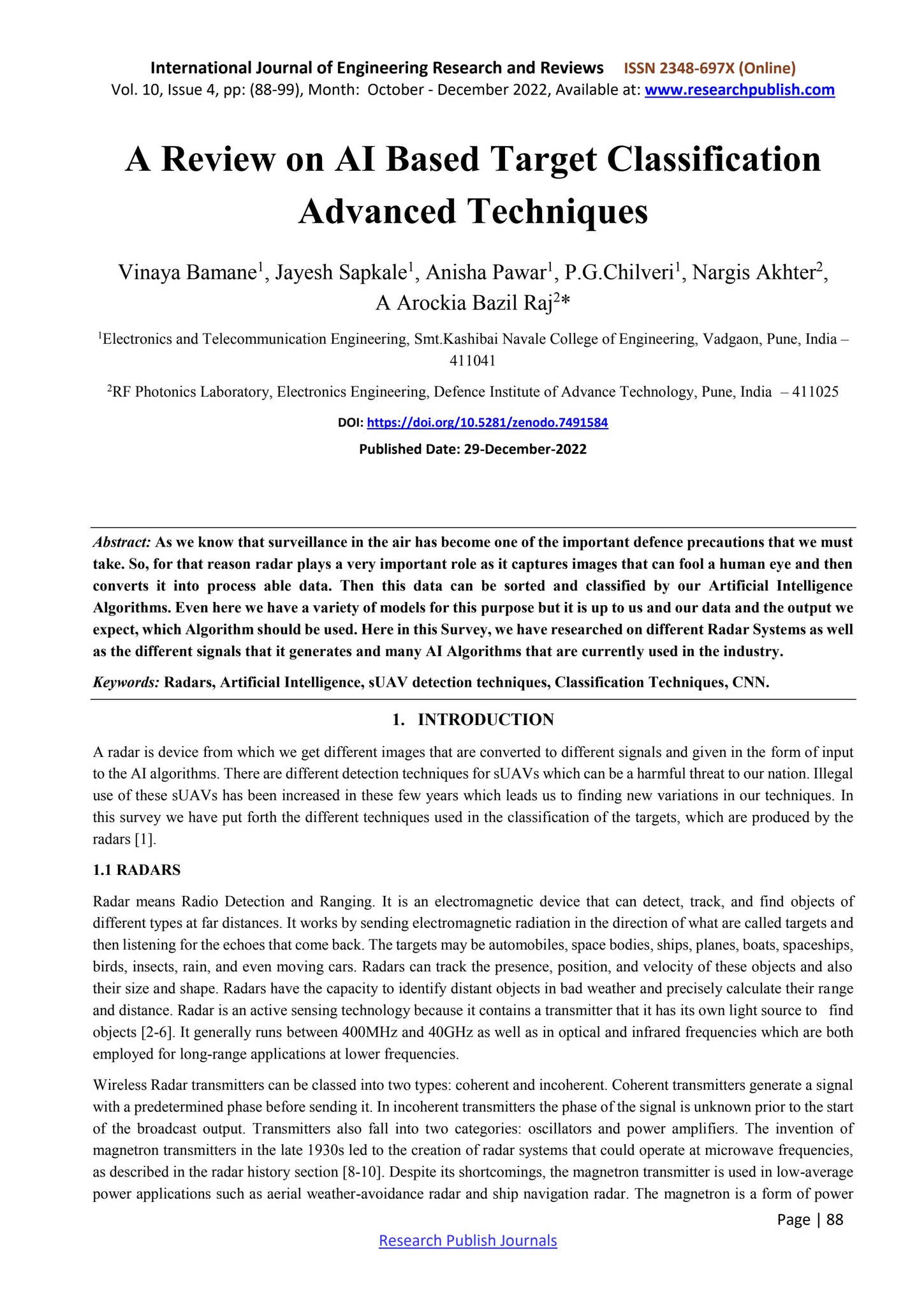 A Review on AI Based Target Classification Advanced Techniques by ...