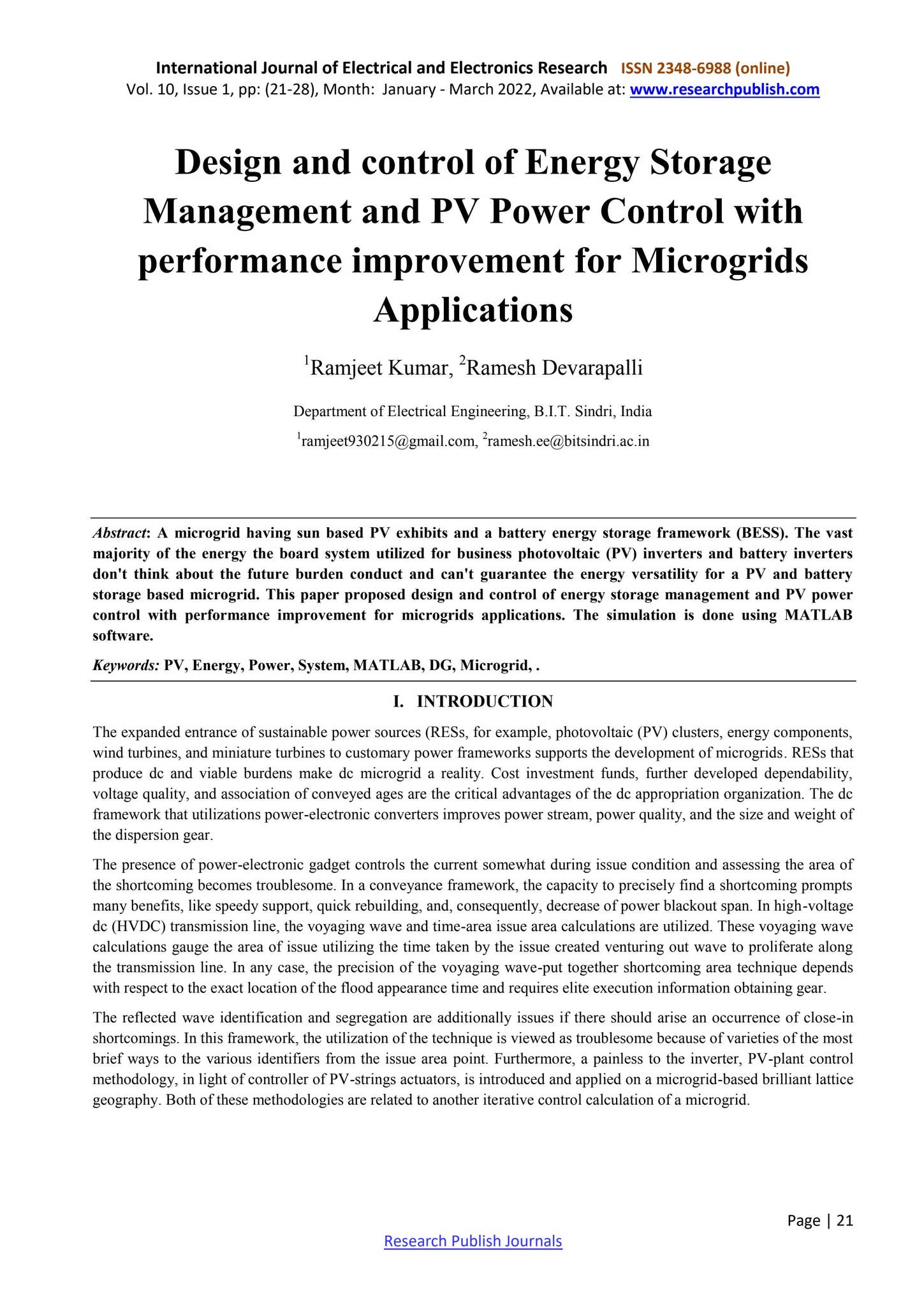 Design and control of Energy Storage Management and PV Power Control ...