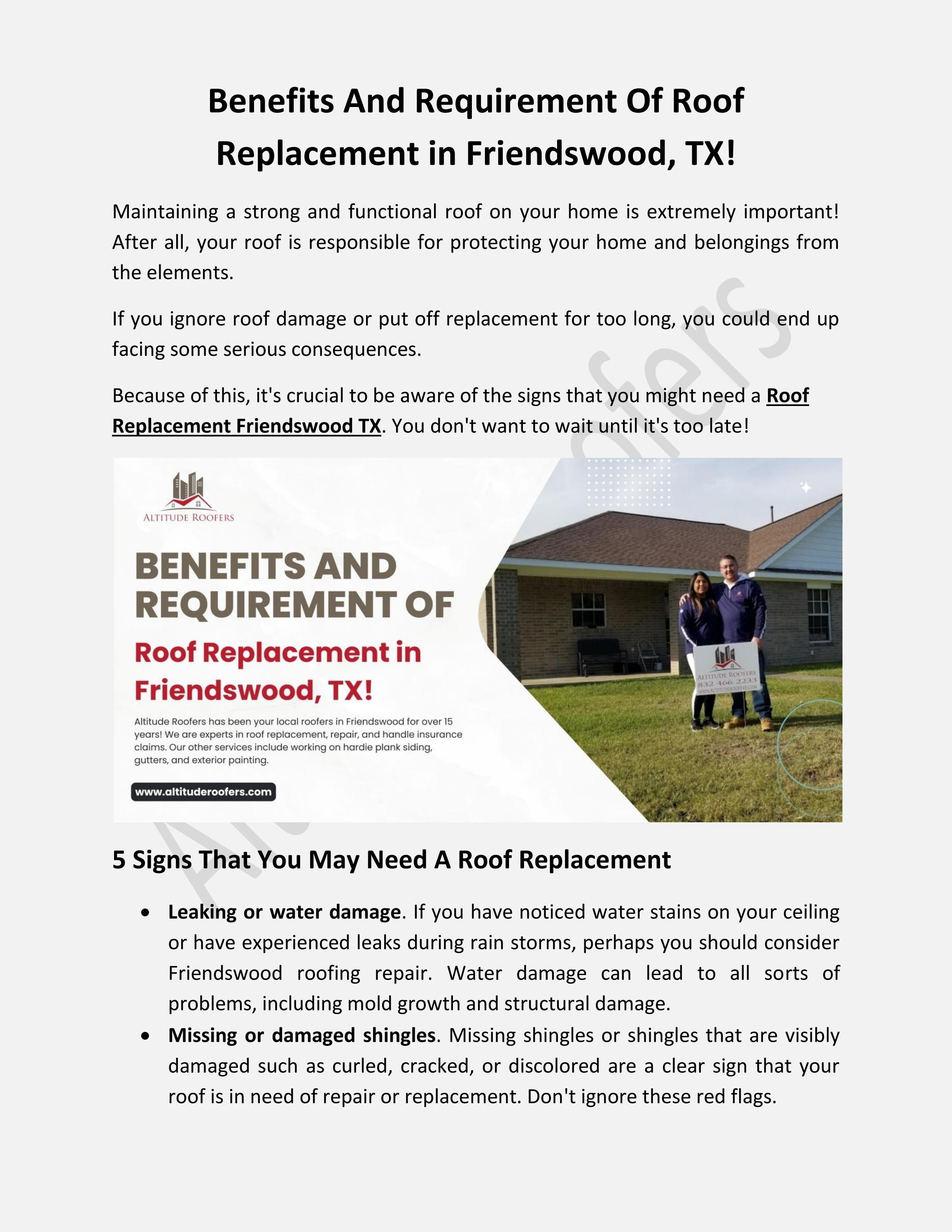 Benefits And Requirement Of Roof Replacement in Friendswood, TX! by Altitude Roofers Issuu