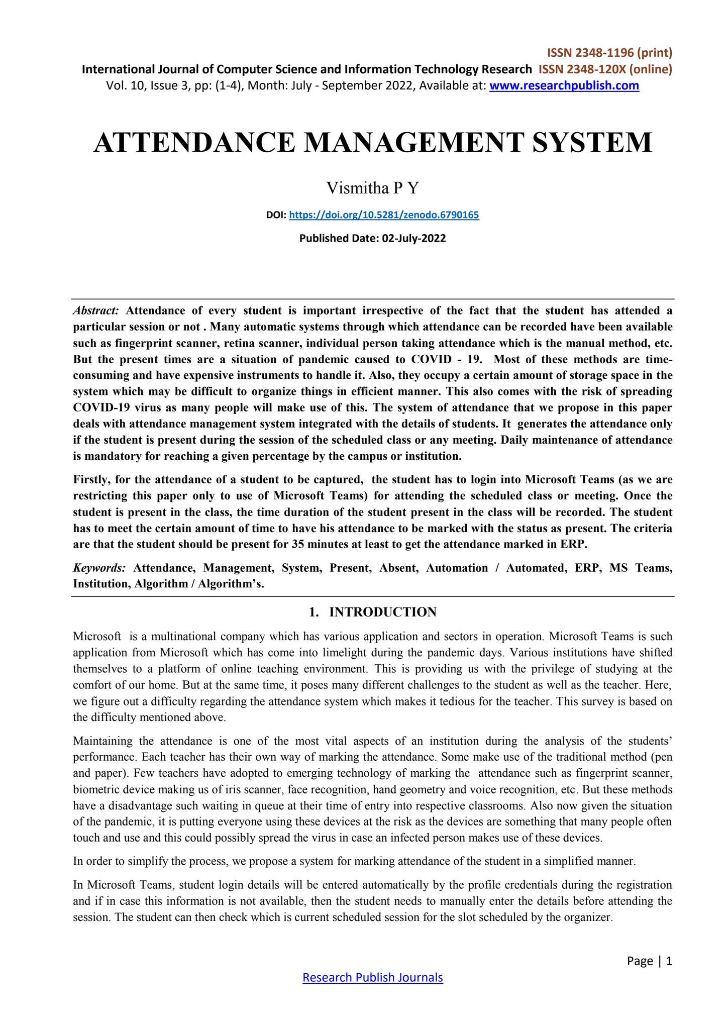 ATTENDANCE MANAGEMENT SYSTEM by Research Publish Journals - Issuu