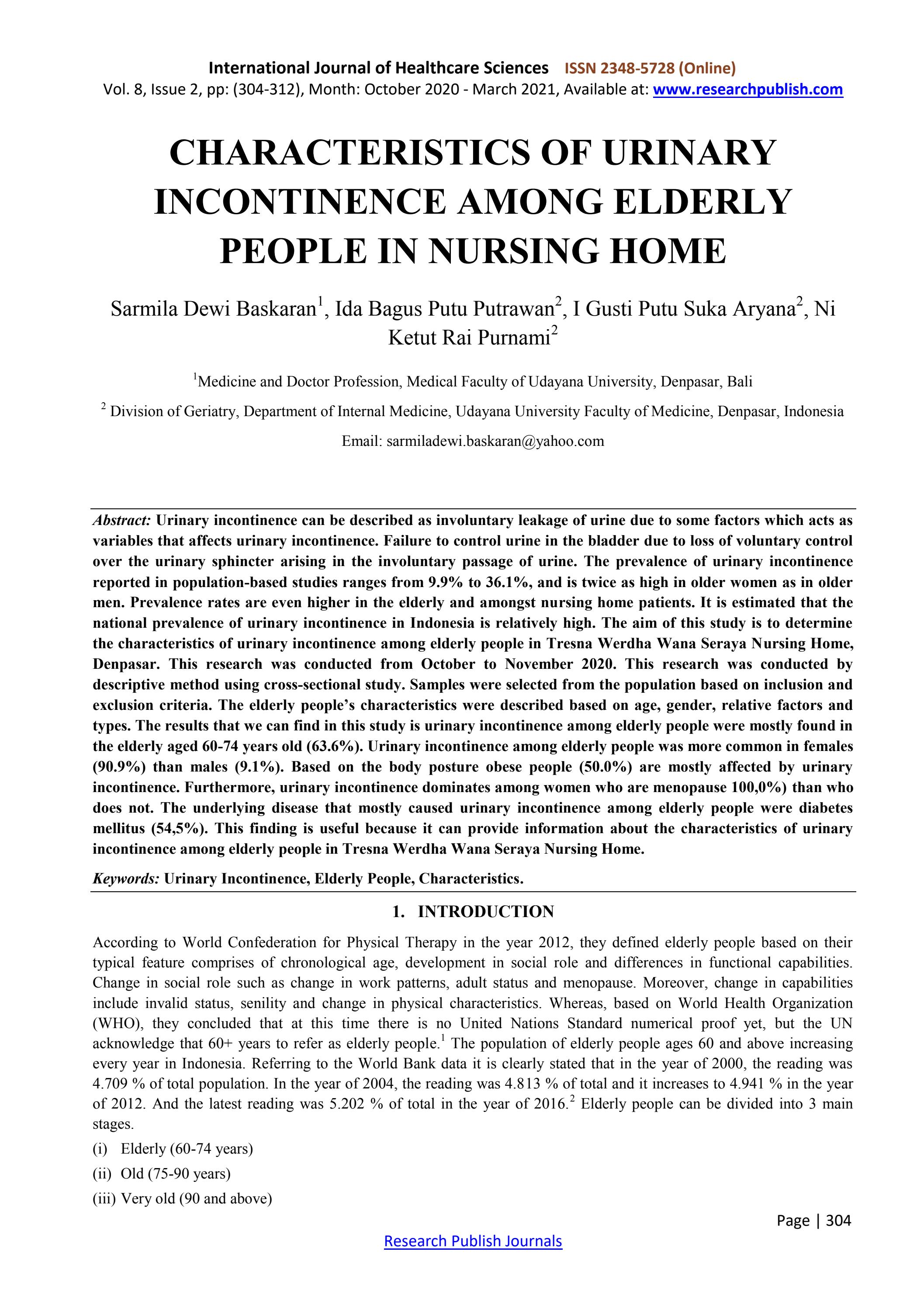 CHARACTERISTICS OF URINARY INCONTINENCE AMONG ELDERLY PEOPLE IN NURSING ...