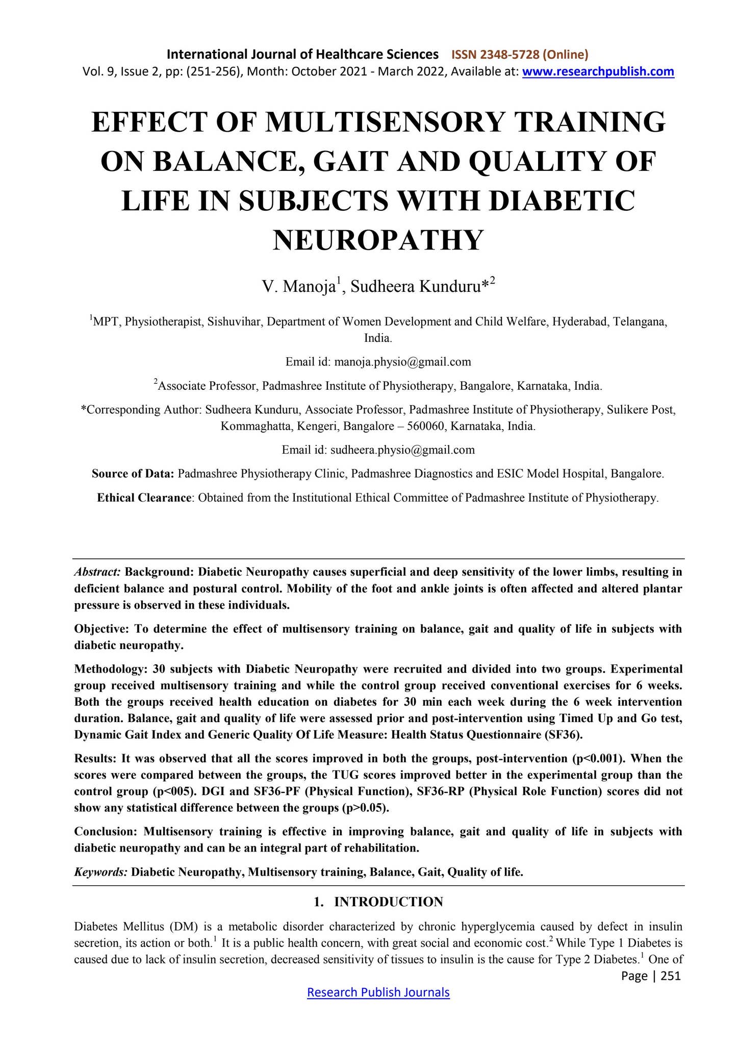 EFFECT OF MULTISENSORY TRAINING ON BALANCE, GAIT AND QUALITY OF LIFE IN ...