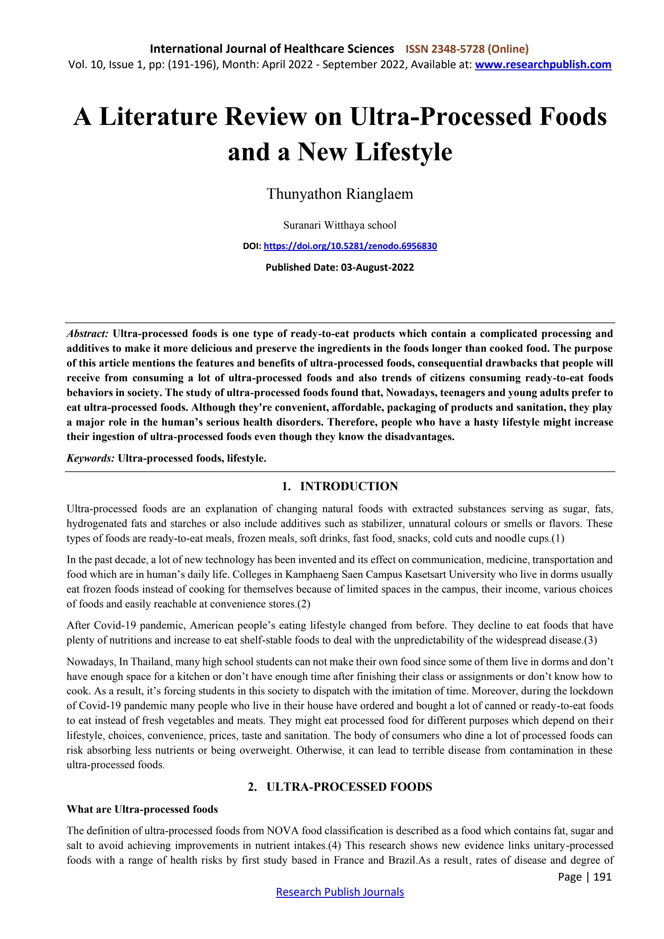 A Literature Review on UltraProcessed Foods and a New Lifestyle by