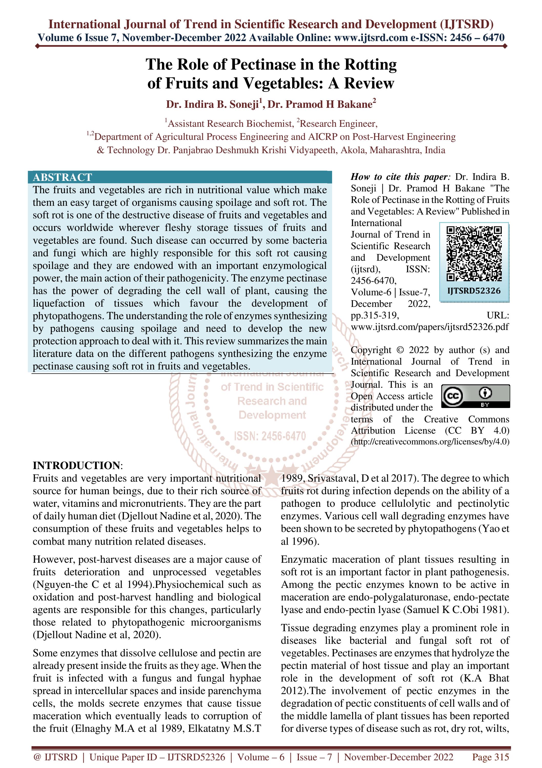 The Role of Pectinase in the Rotting of Fruits and Vegetables A Review