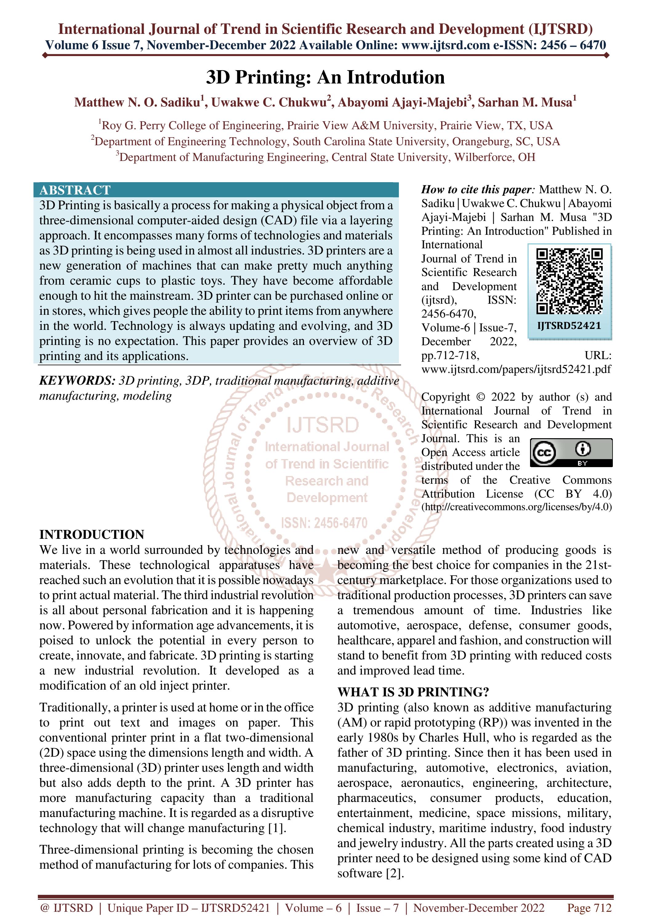 3D Printing An Introduction by International Journal of Trend in