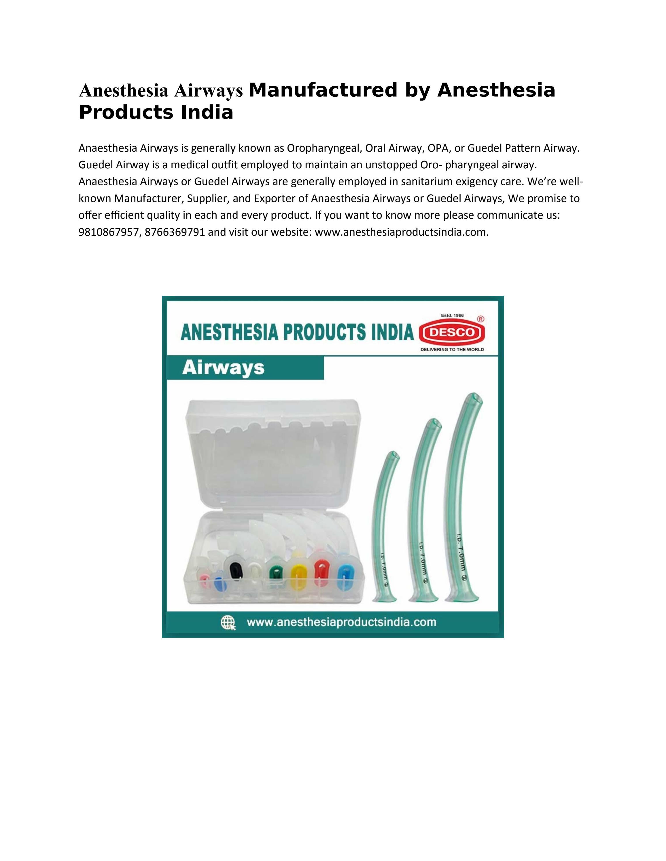 Anesthesia Airways Manufactured and Supplied by DESCO from India by