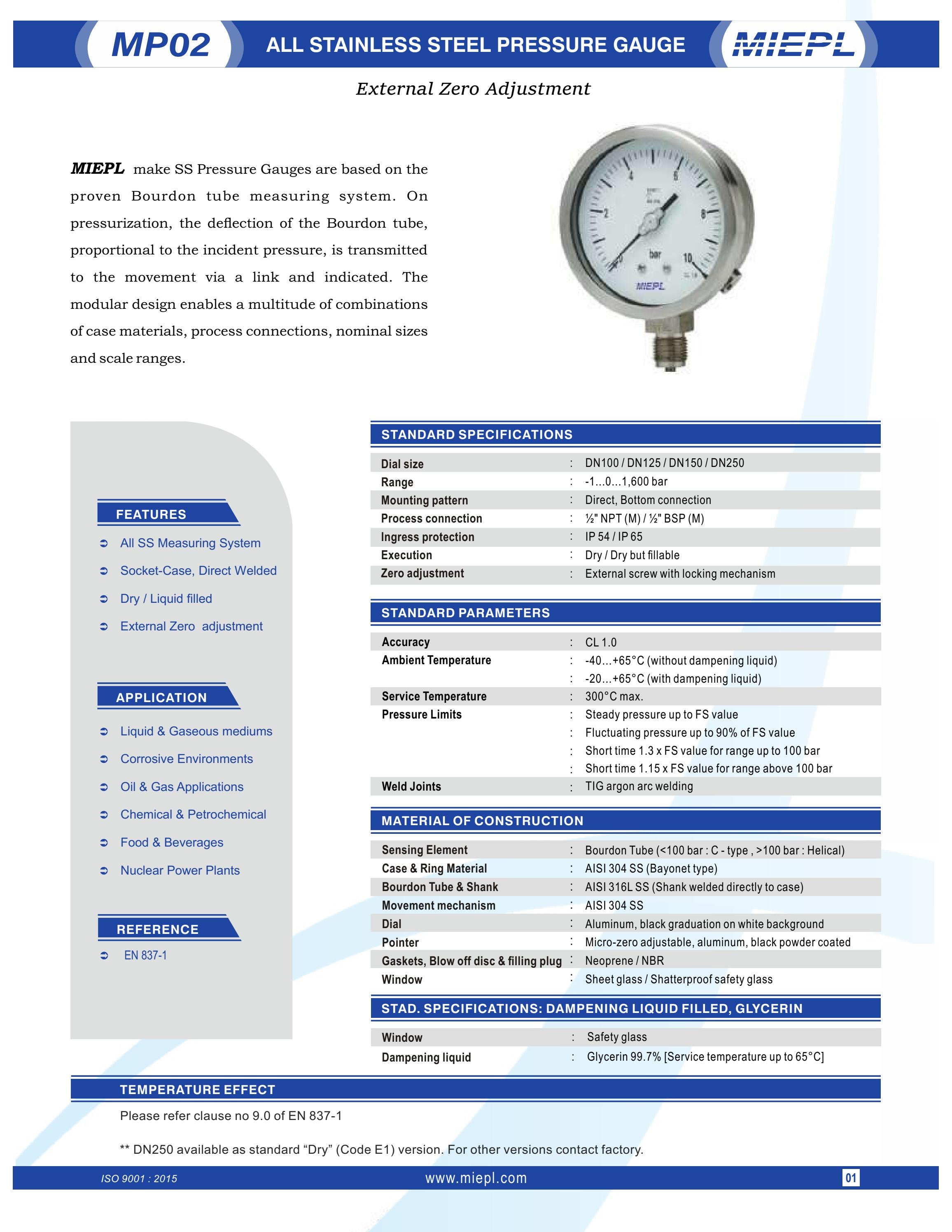 All Stainless Steel Pressure Gauge External Zero Adjustment India