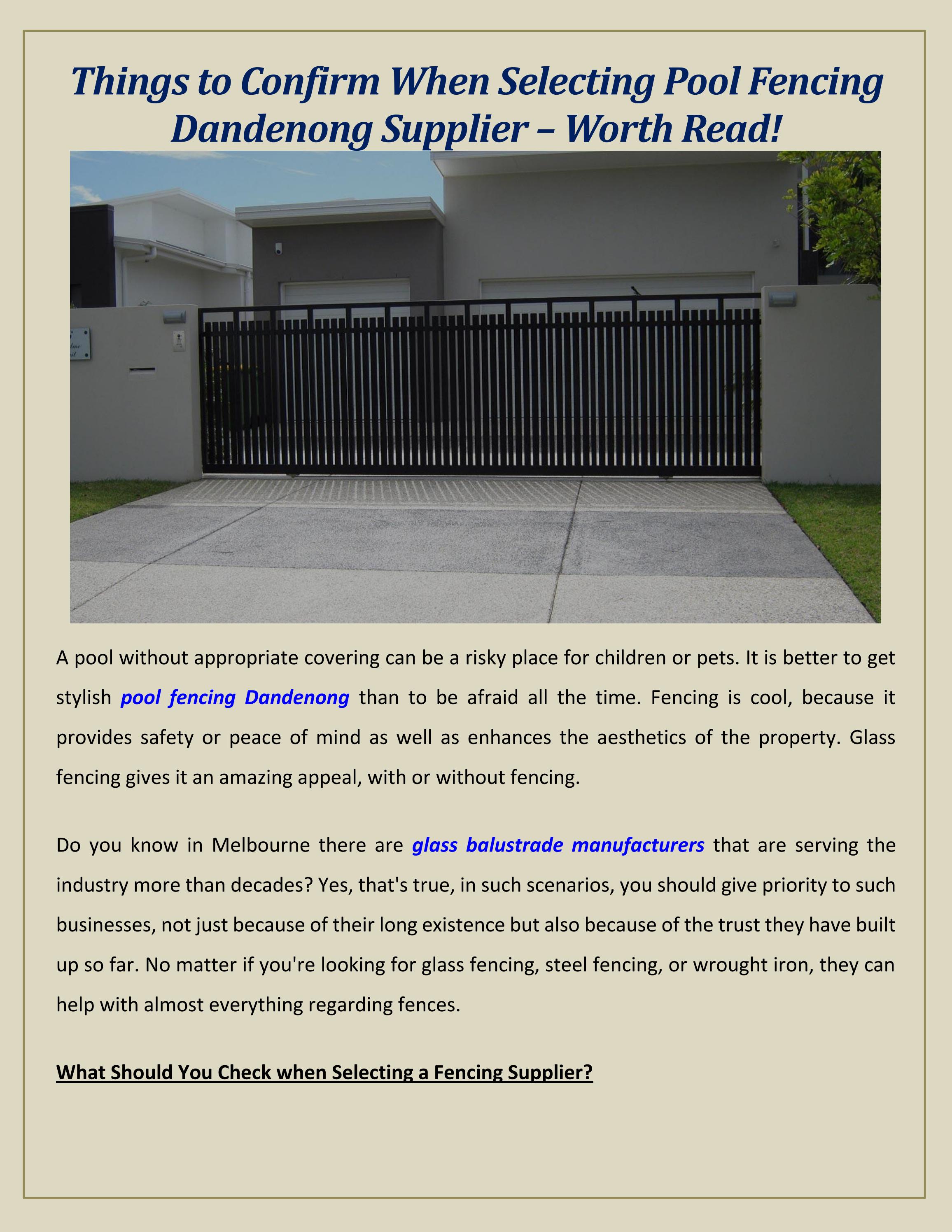 Things to Confirm When Selecting Pool Fencing Dandenong Supplier