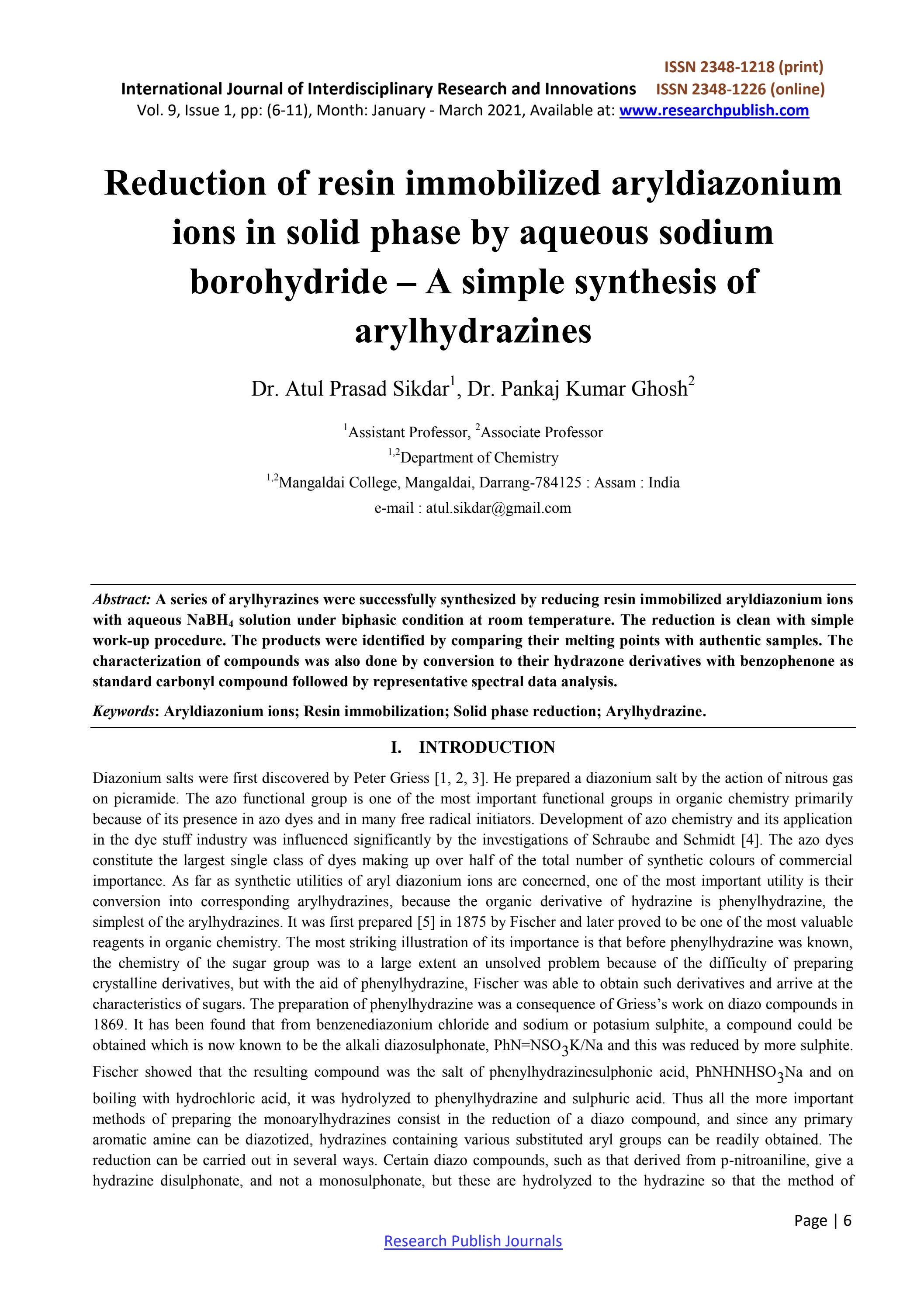 Reduction of resin immobilized aryldiazonium ions in solid phase by