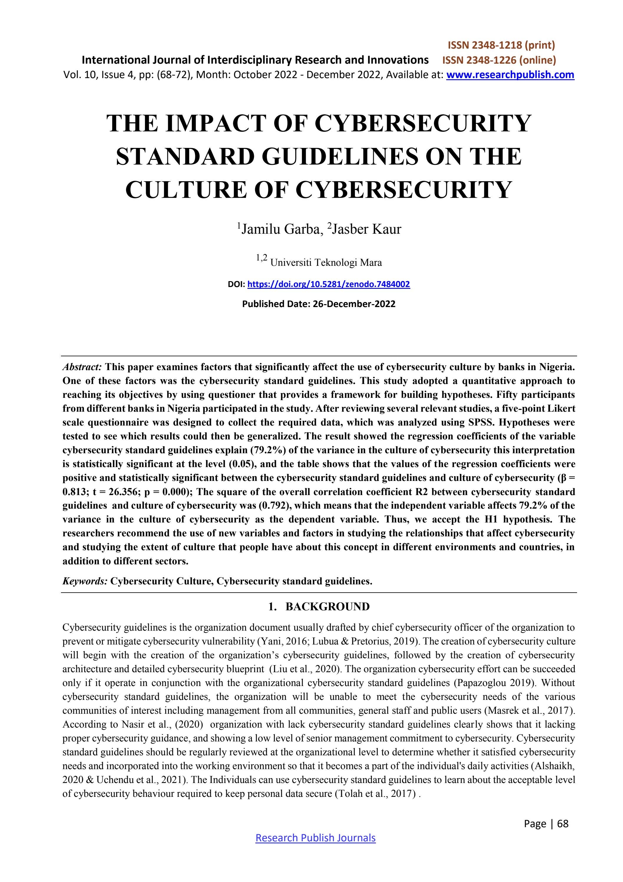 THE IMPACT OF CYBERSECURITY STANDARD GUIDELINES ON THE CULTURE OF