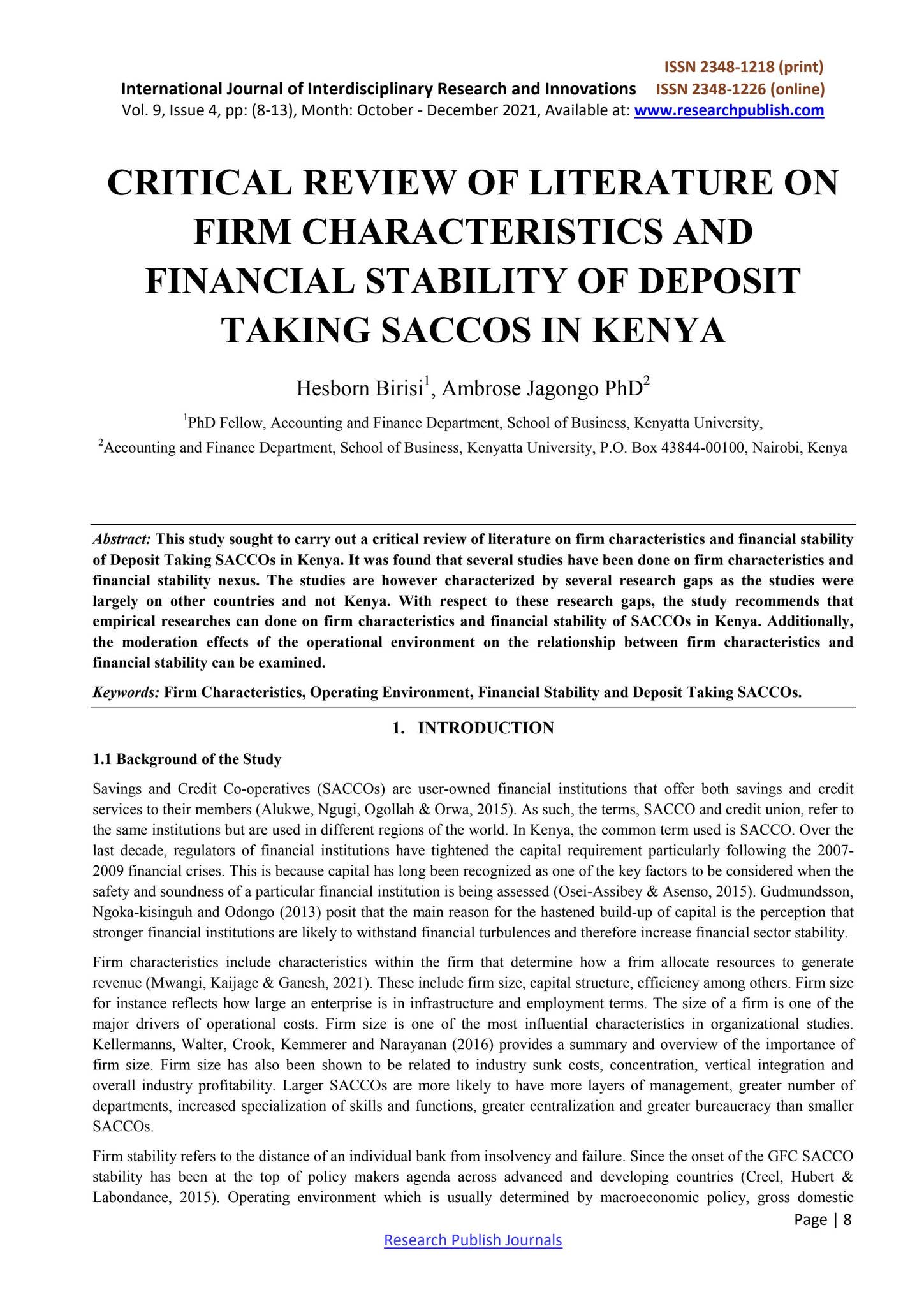 CRITICAL REVIEW OF LITERATURE ON FIRM CHARACTERISTICS AND FINANCIAL ...