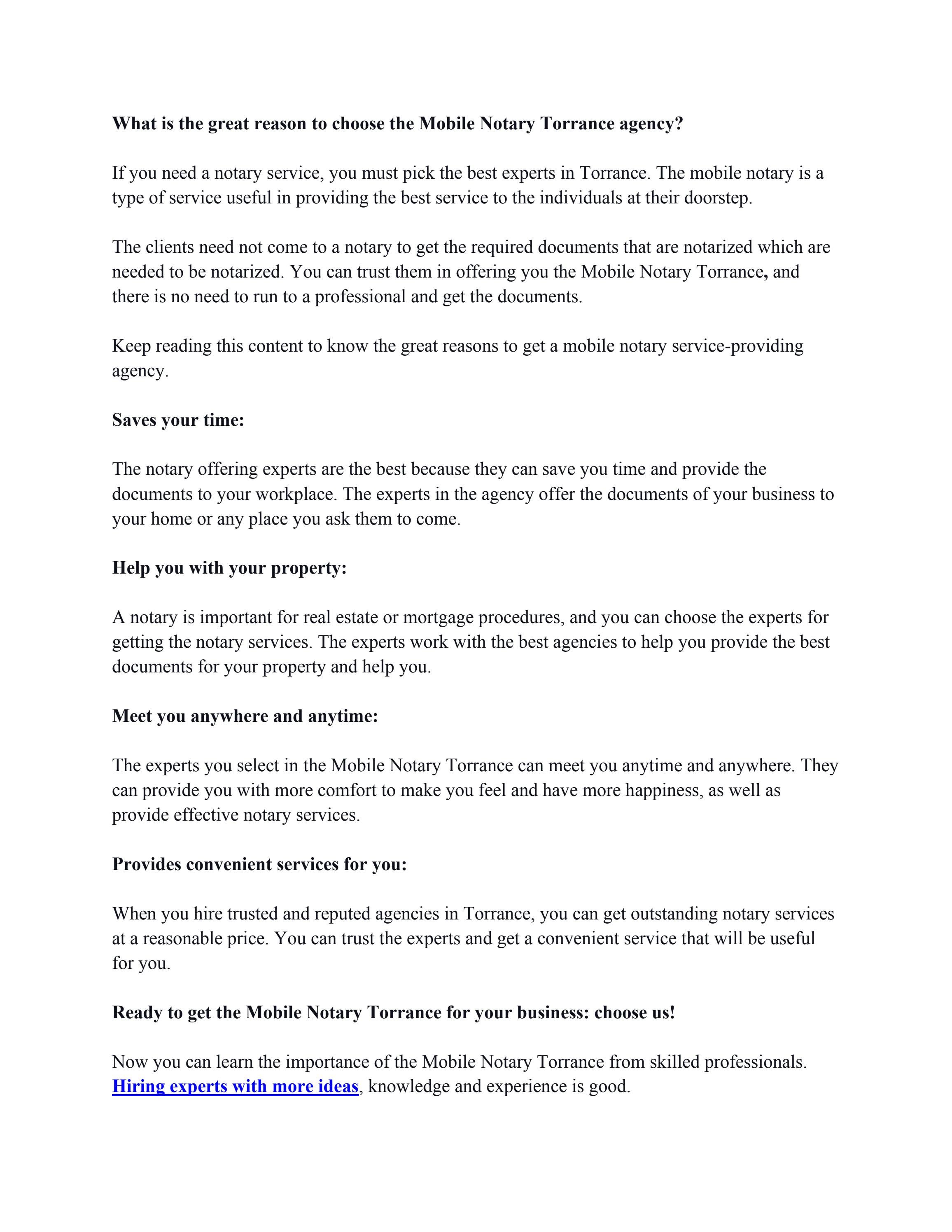 What is the great reason to choose the Mobile Notary Torrance agency