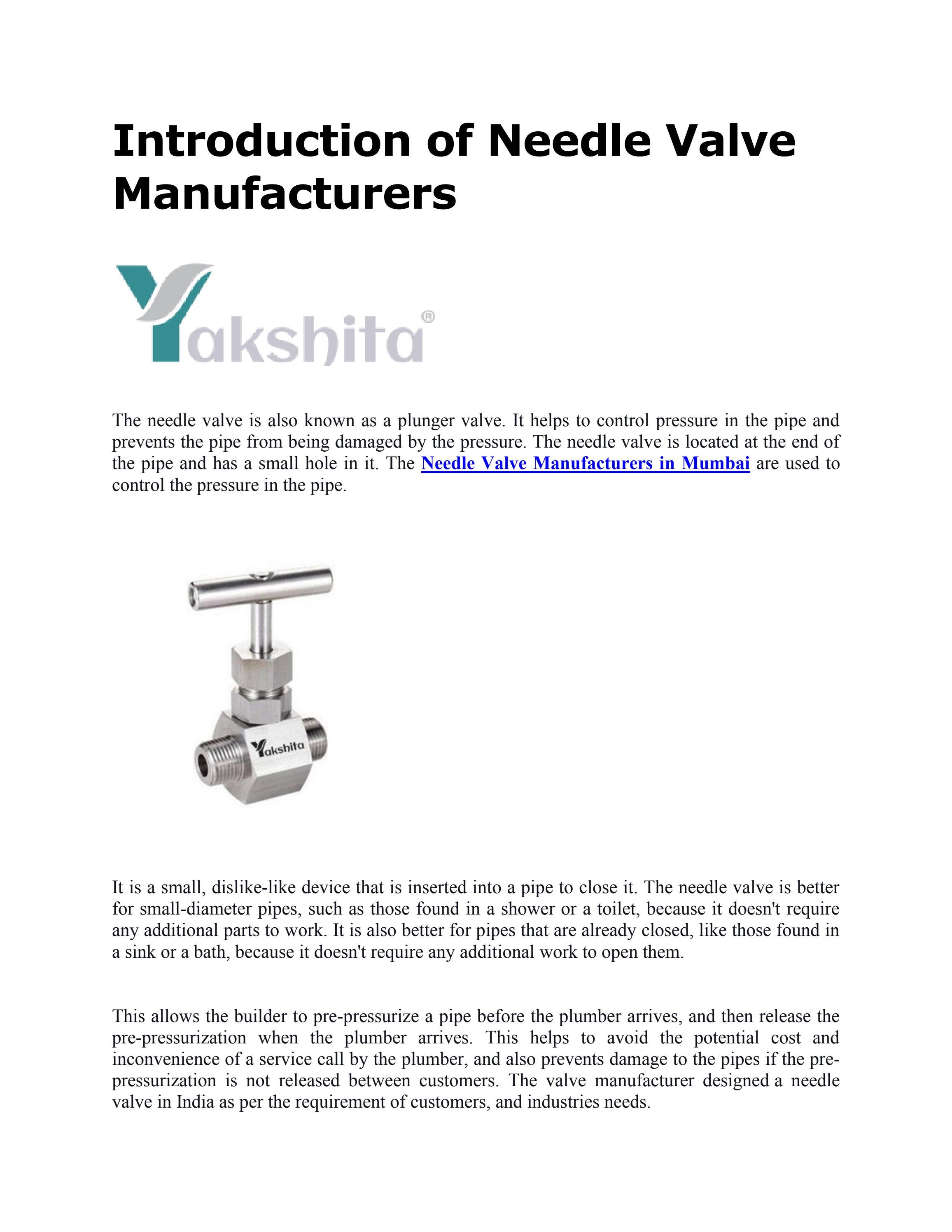 Introduction of Needle Valve Manufacturers by JohnD4598 - Issuu