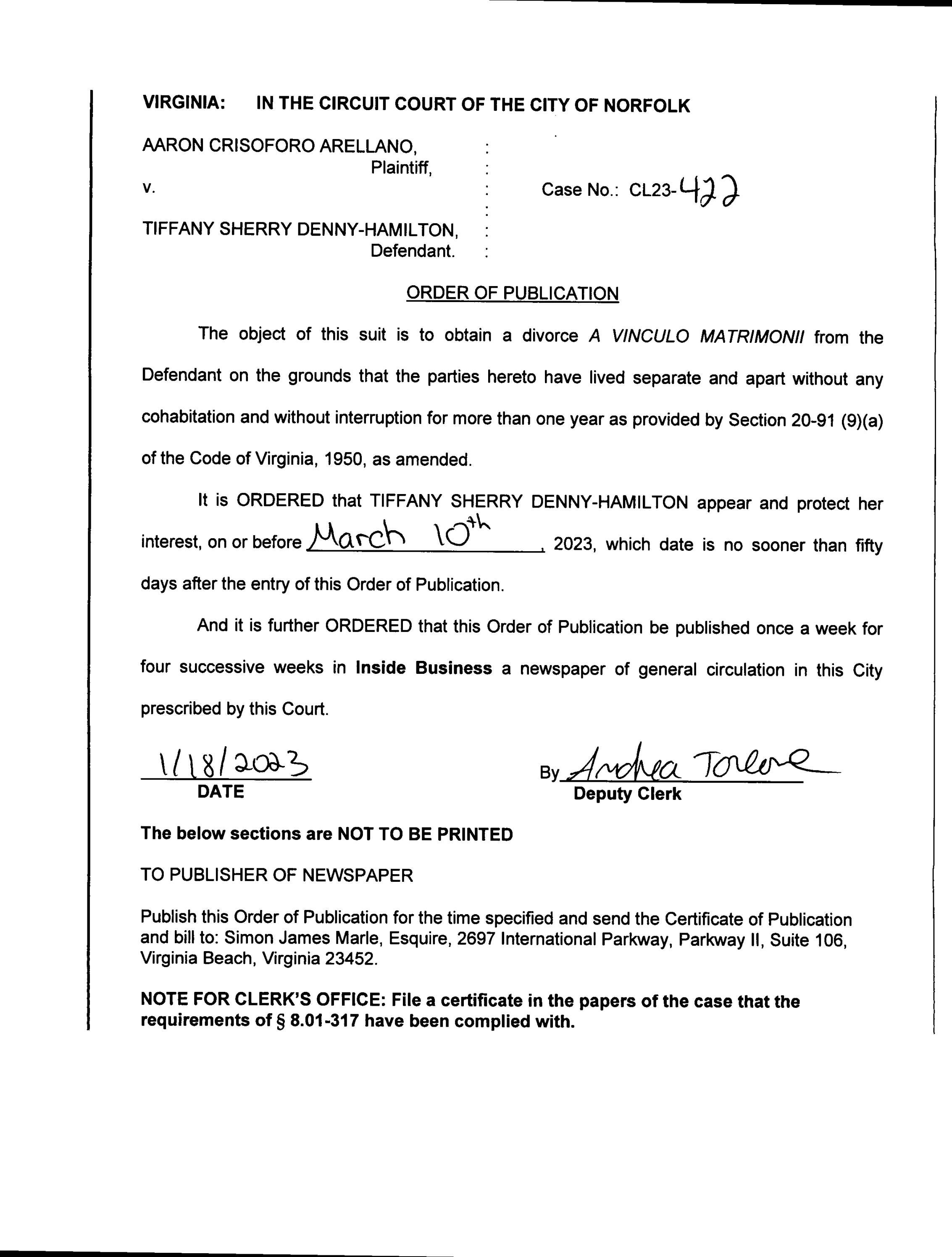 CL23422 ORDER OF PUBLICATION by Norfolk Circuit Court Clerk's Office