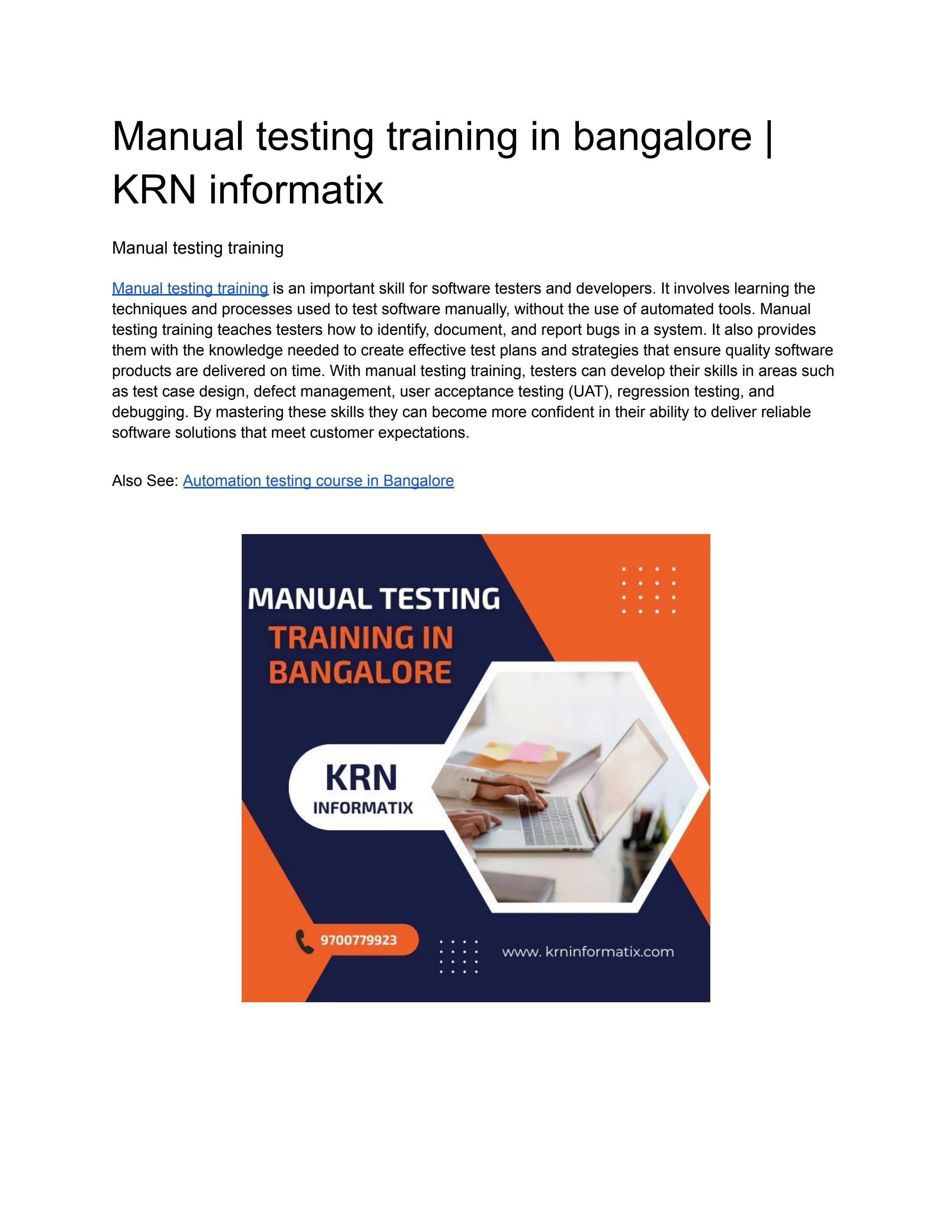Manual testing training in bangalore KRN informatix by krninformatix