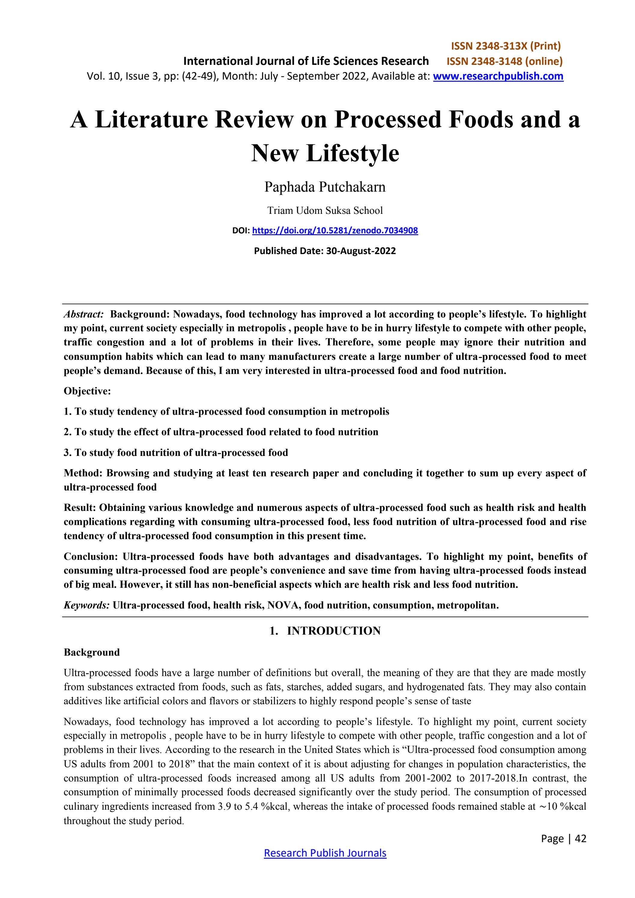 A Literature Review on Processed Foods and a New Lifestyle by Research