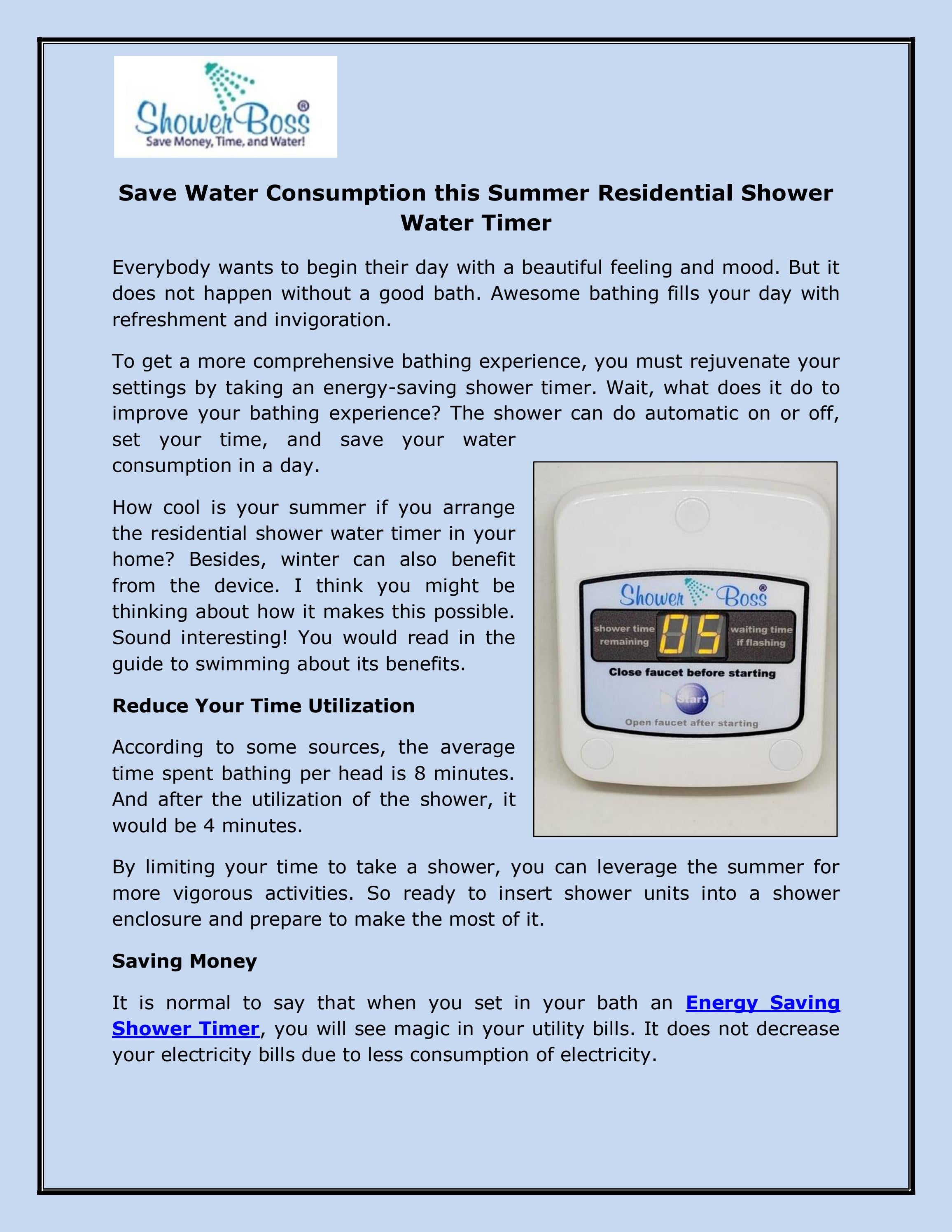 Save Water Consumption This Summer Residential Shower Water Timer by