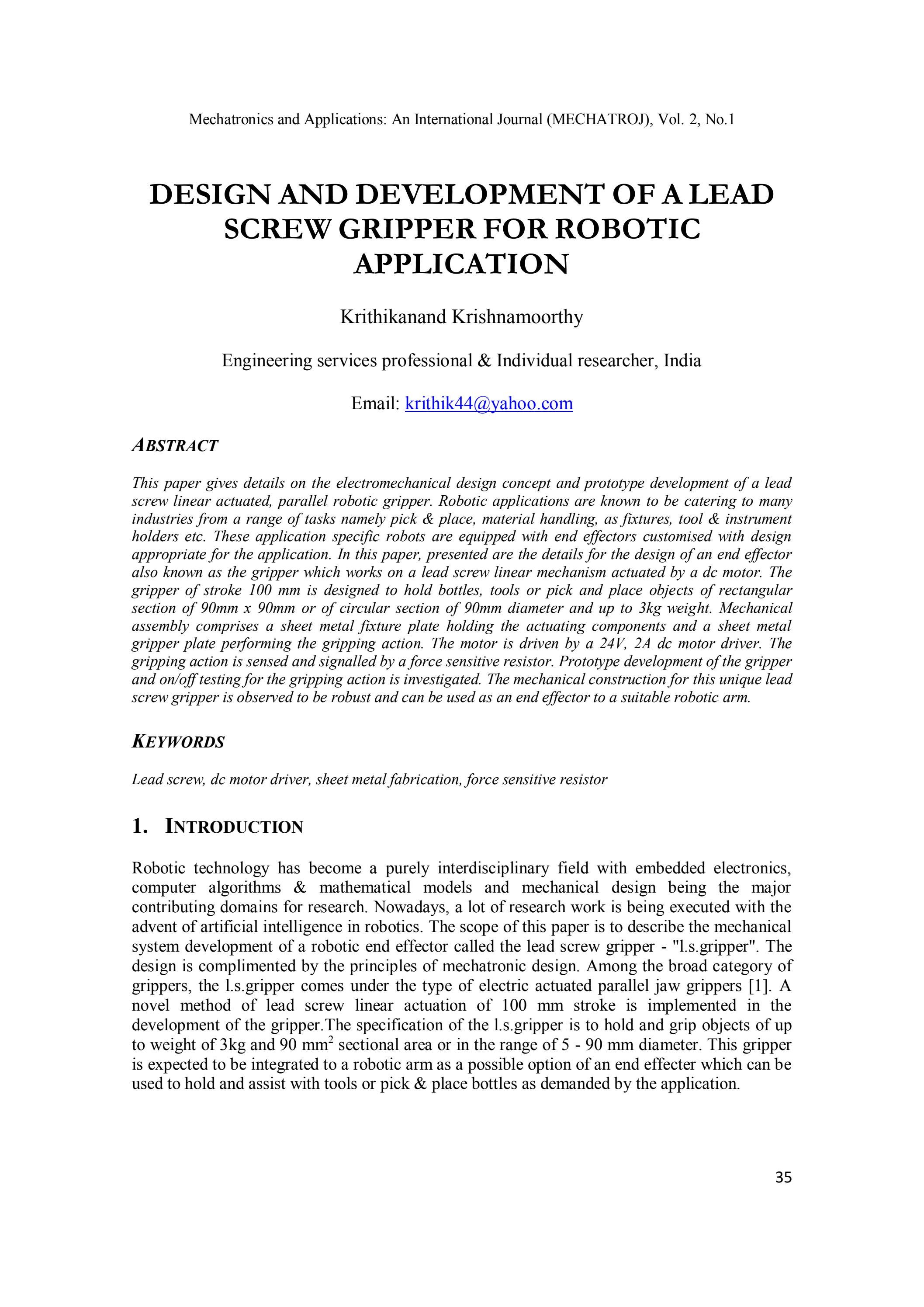DESIGN AND DEVELOPMENT OF A LEAD SCREW GRIPPER FOR ROBOTIC APPLICATION