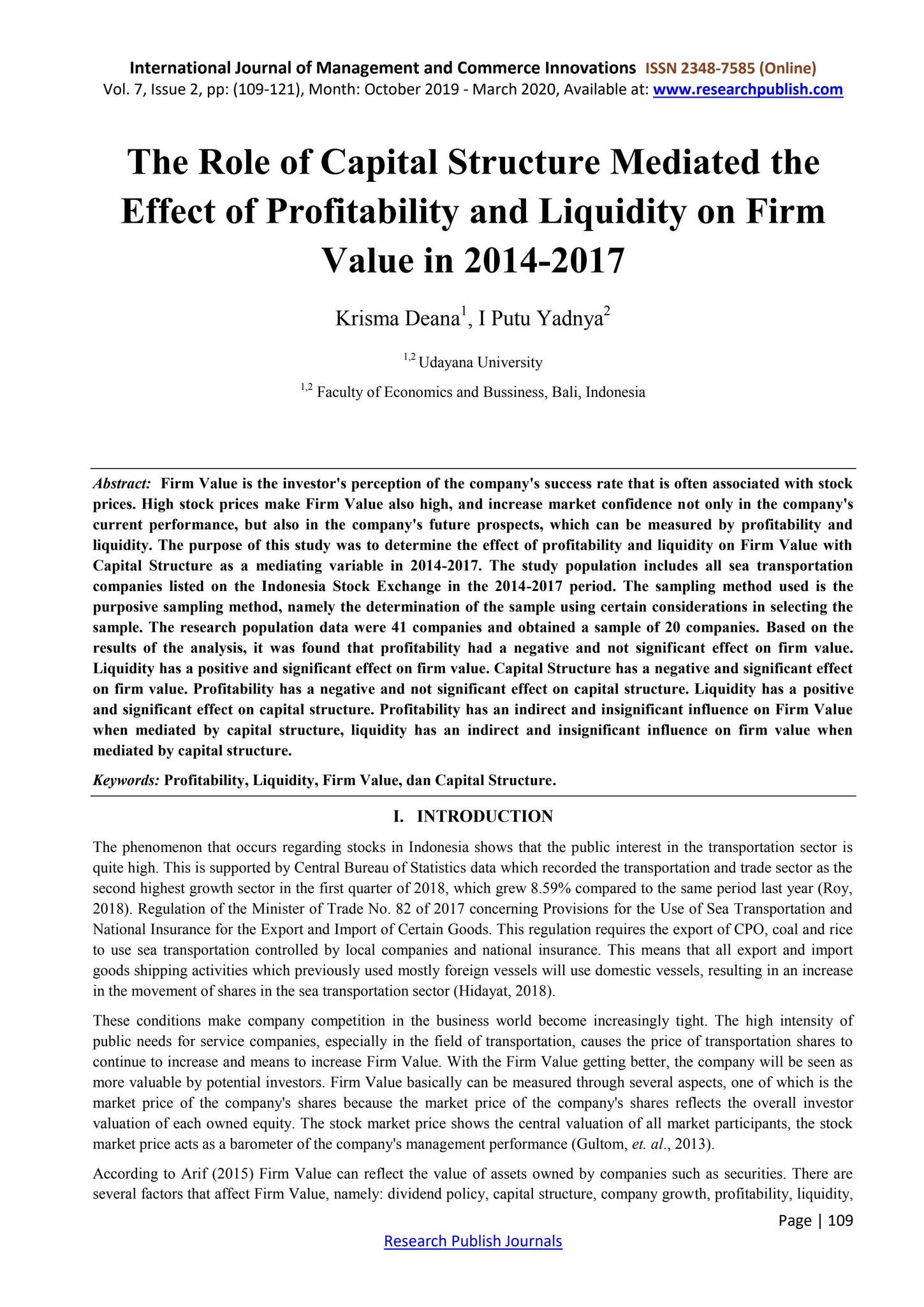 The Role of Capital Structure Mediated the Effect of Profitability and ...