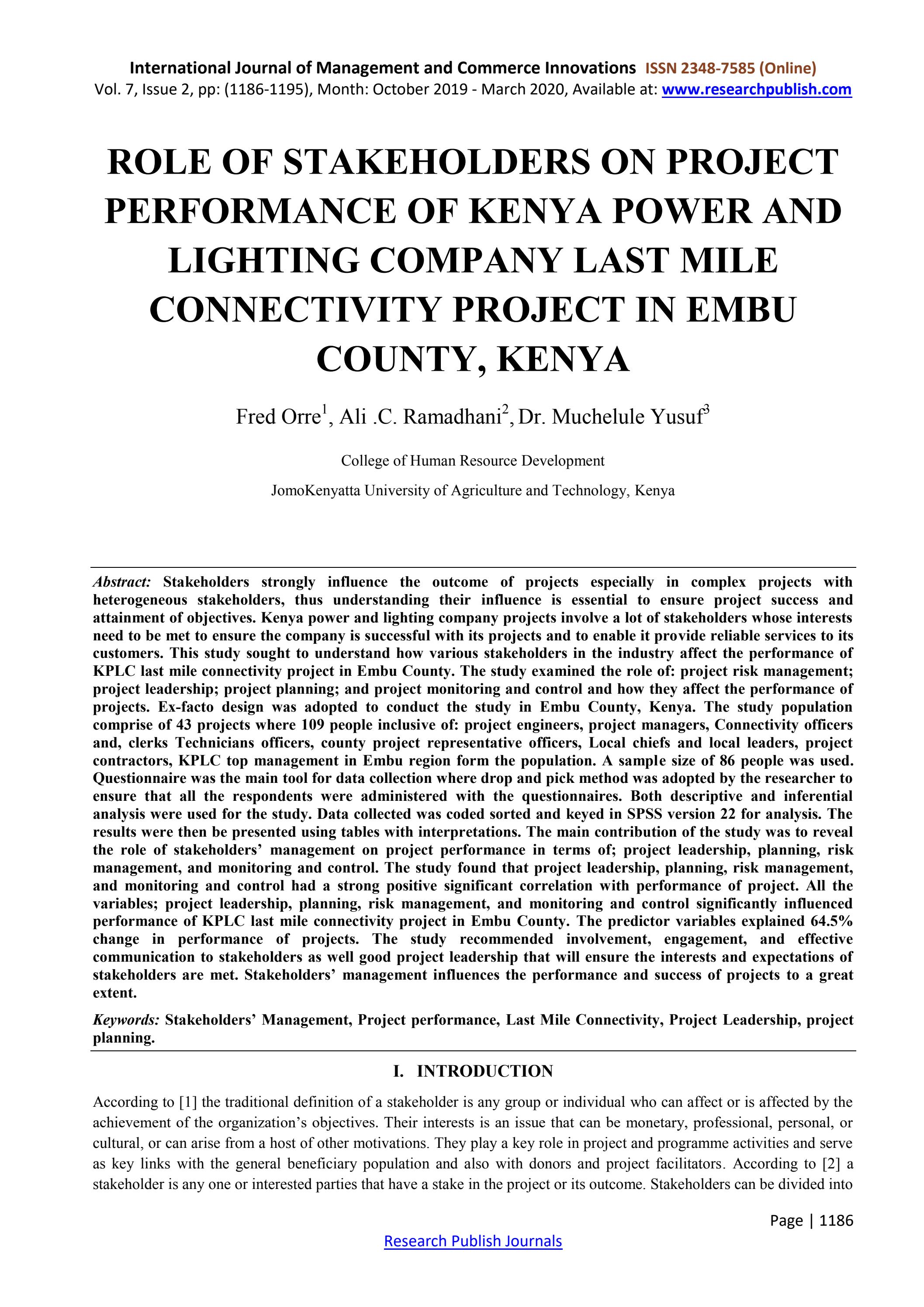 ROLE OF STAKEHOLDERS ON PROJECT PERFORMANCE OF KENYA POWER AND LIGHTING