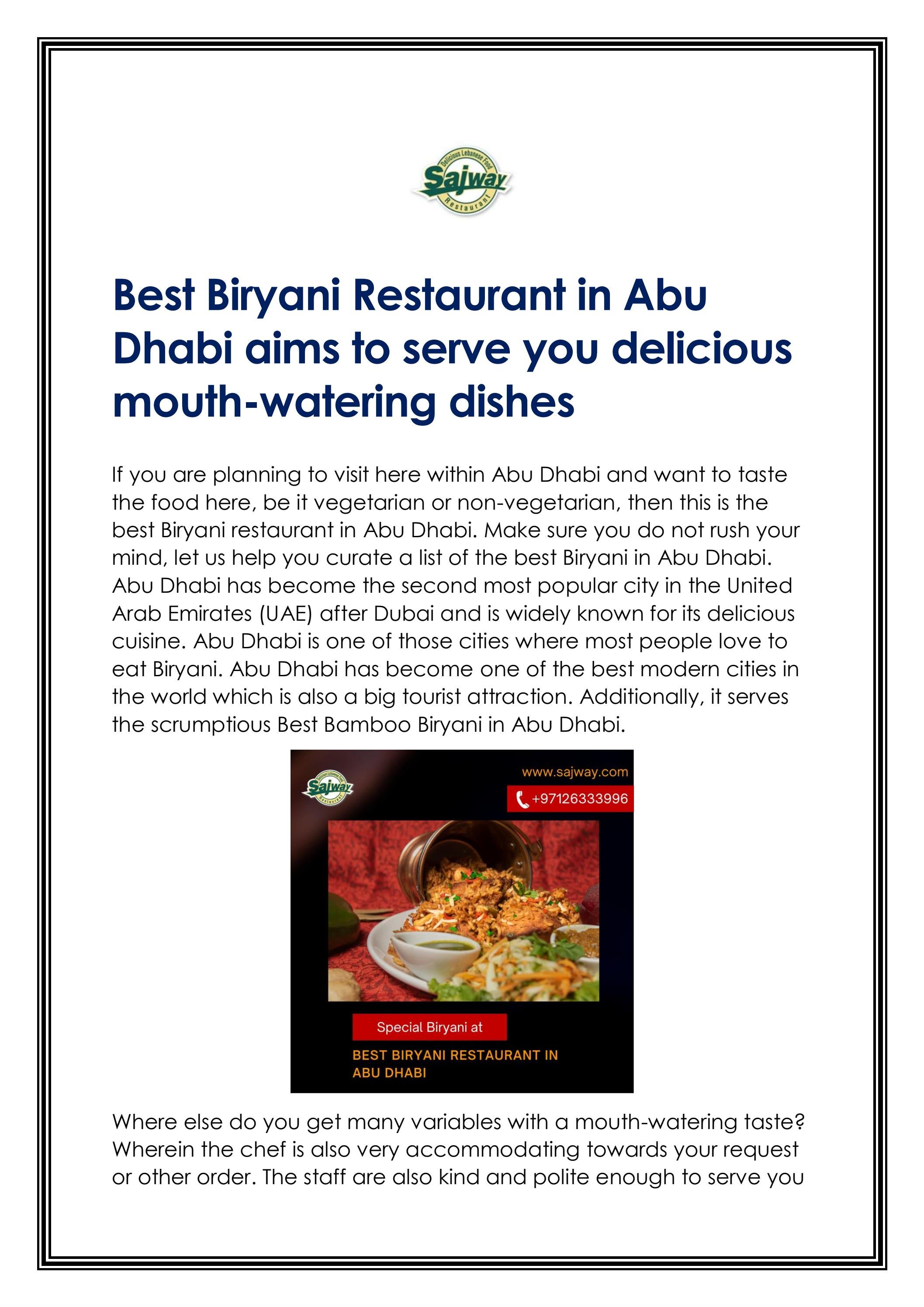 Best Biryani Restaurant in Abu Dhabi aims to serve