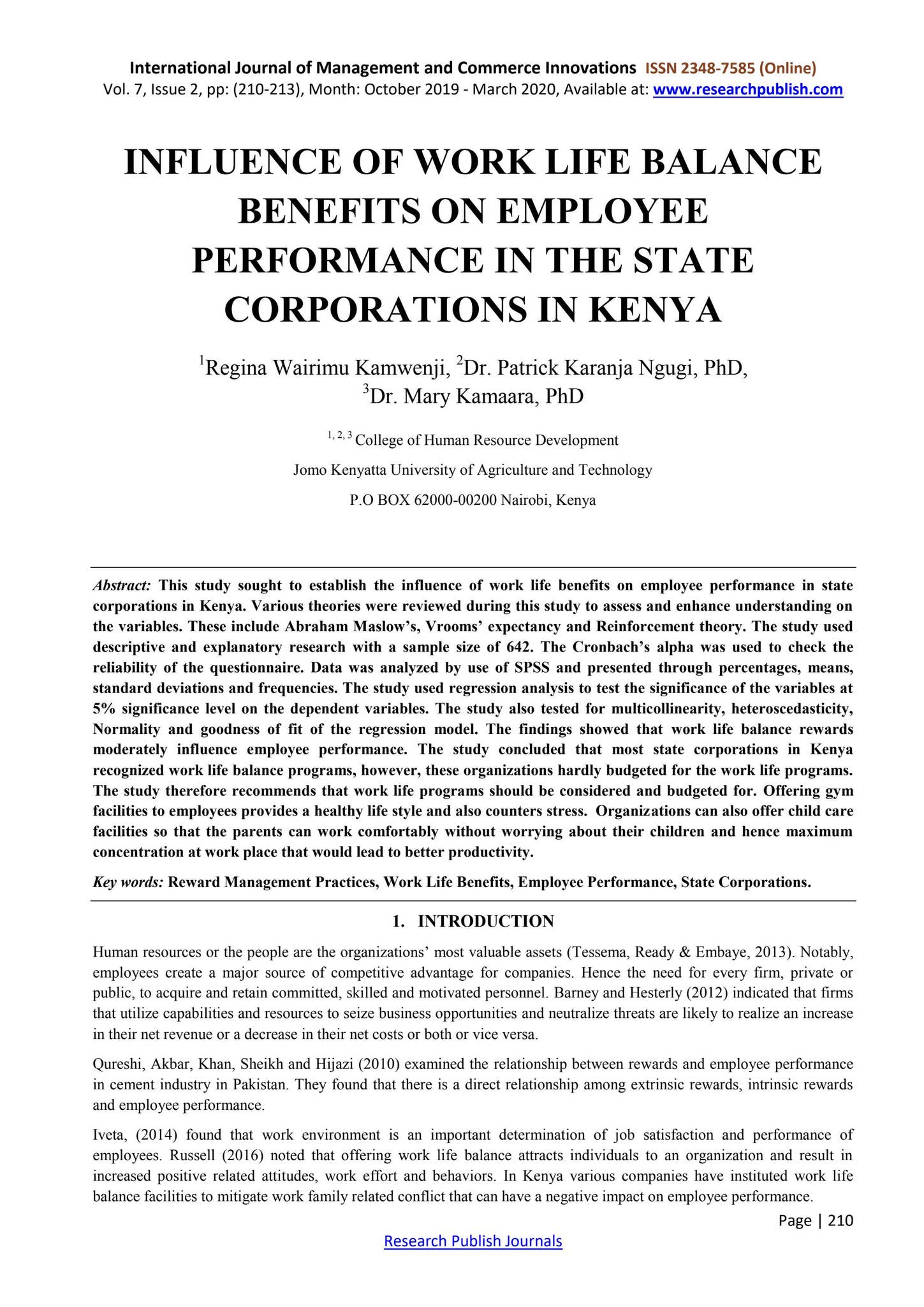 INFLUENCE OF WORK LIFE BALANCE BENEFITS ON EMPLOYEE PERFORMANCE IN THE ...