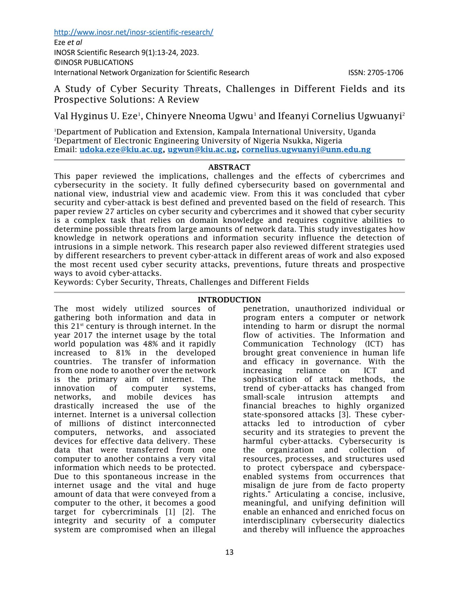 A Study of Cyber Security Threats, Challenges in Different Fields and ...