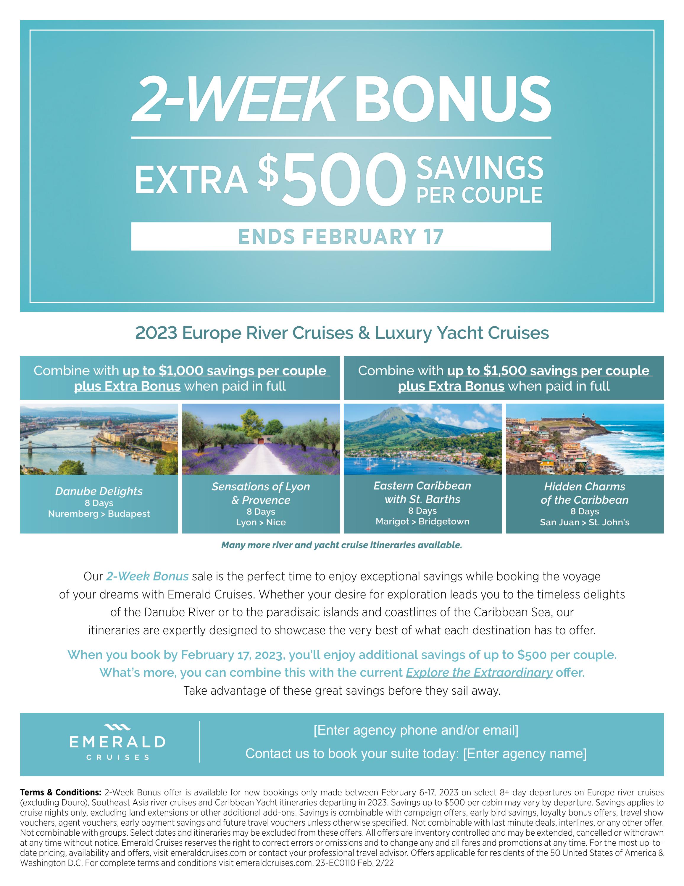 Emerald Cruises 2 Week Bonus Trade Customizable Flyer 2.6.23 - 2.17.23 ...