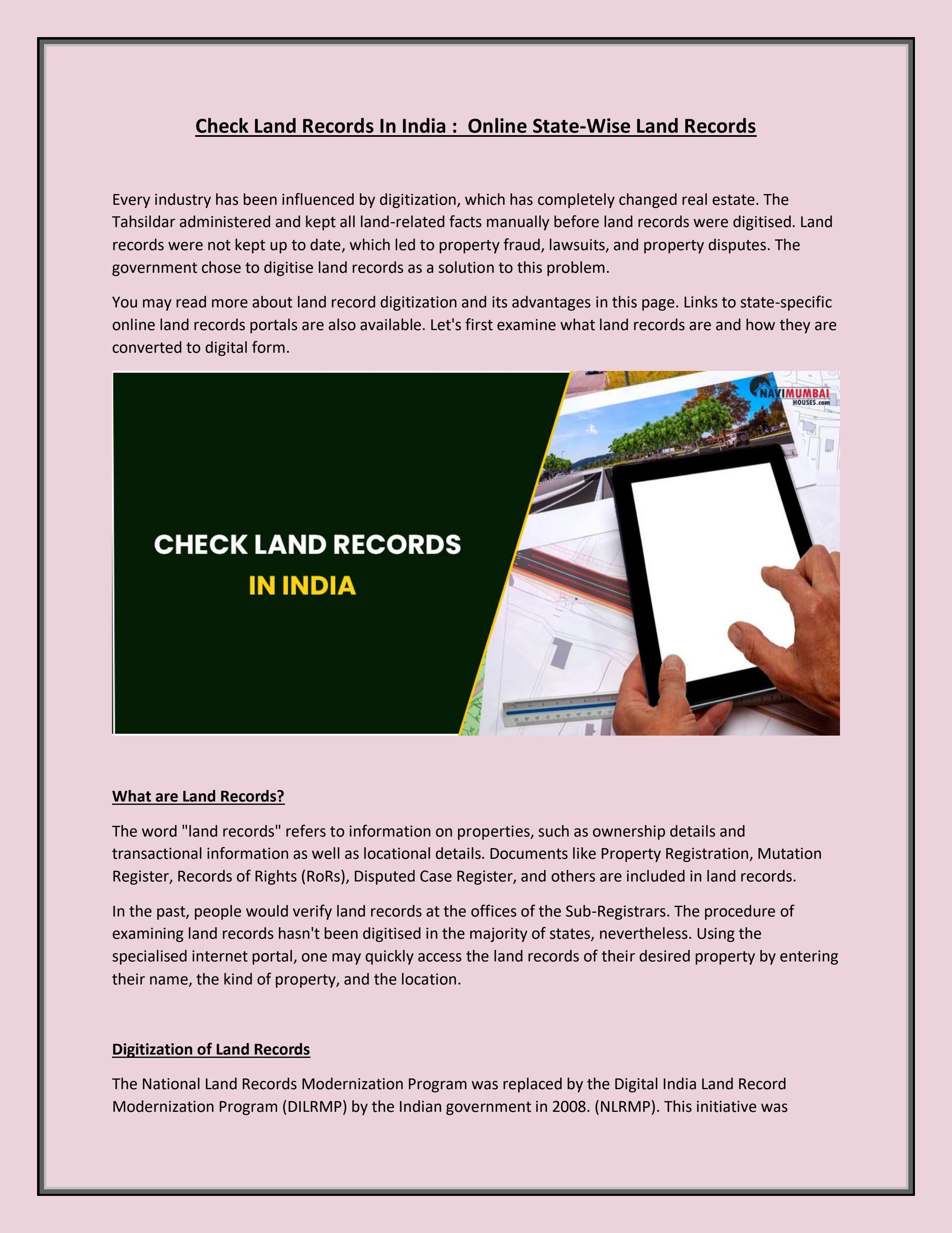 Check Land Records In India Online StateWise Land Records by