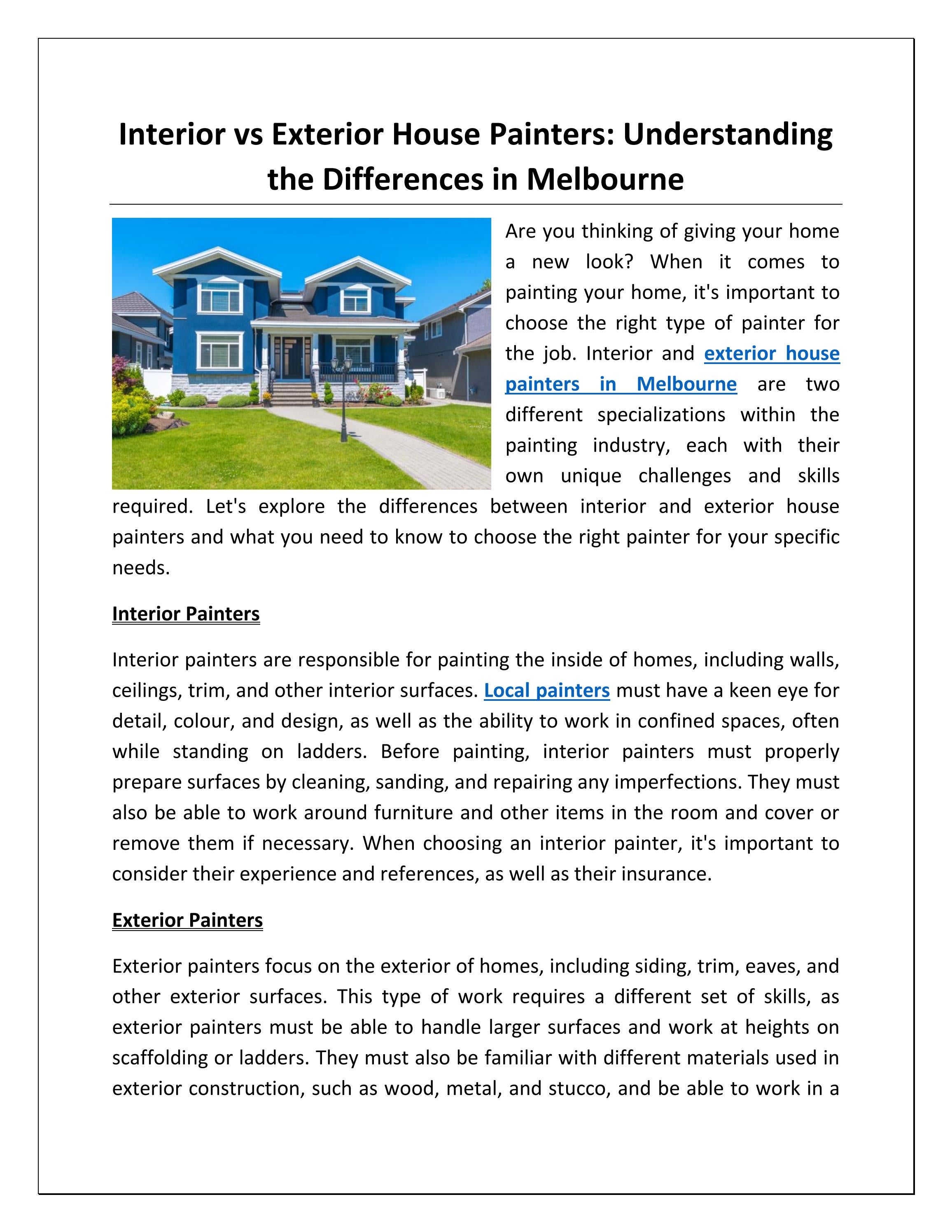 Interior vs Exterior House Painters Understanding the Differences in Melbourne by Ali Jee