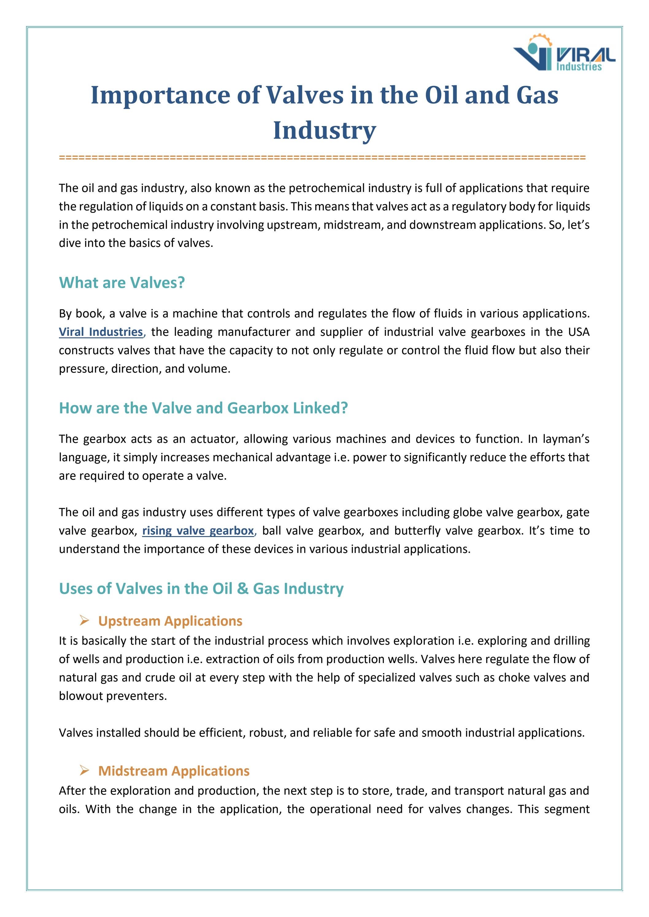 Importance of Valves in the Oil and Gas Industry by Viral Industries