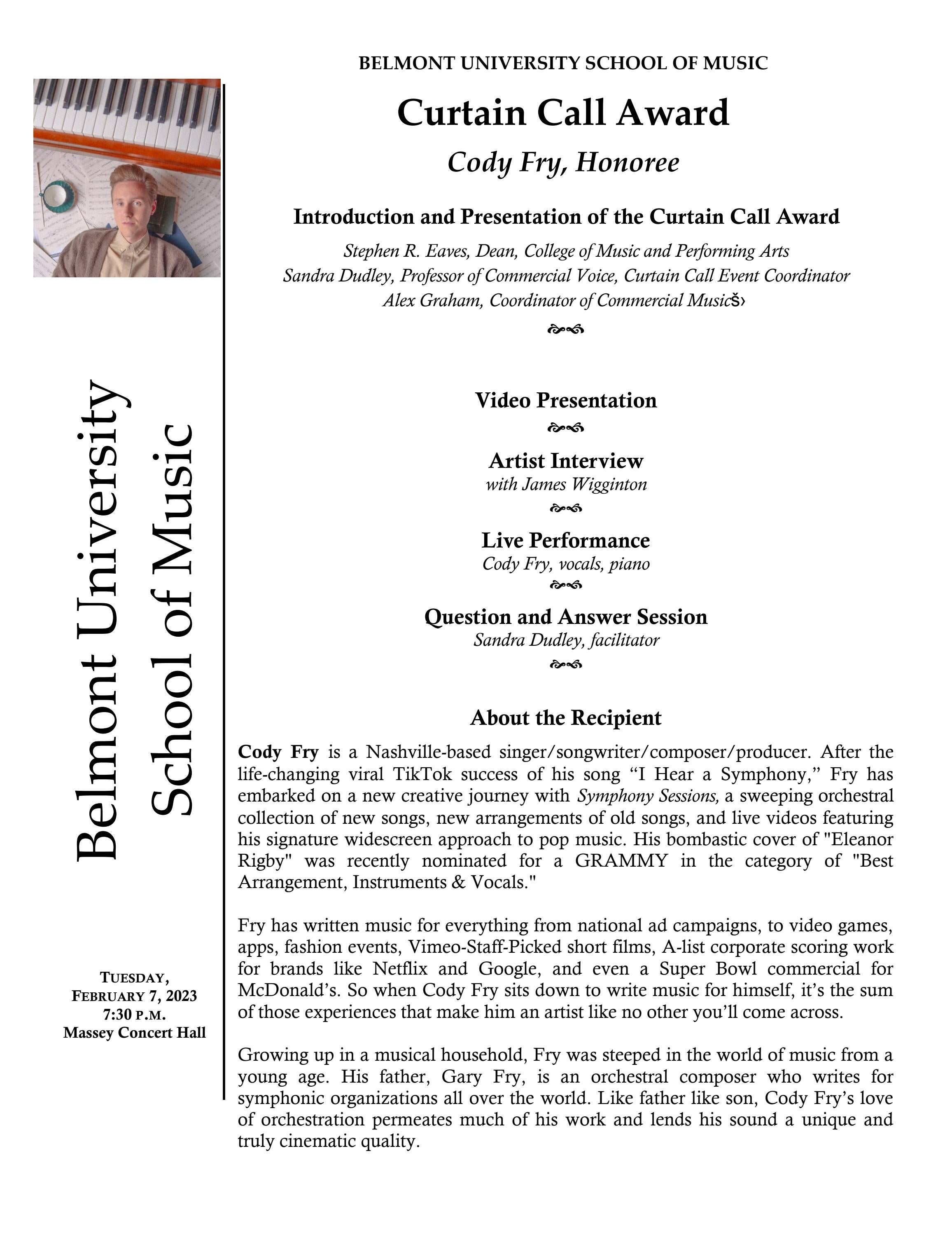 Curtain Call Award Cody Fry 2.7.23 by Belmont University Issuu