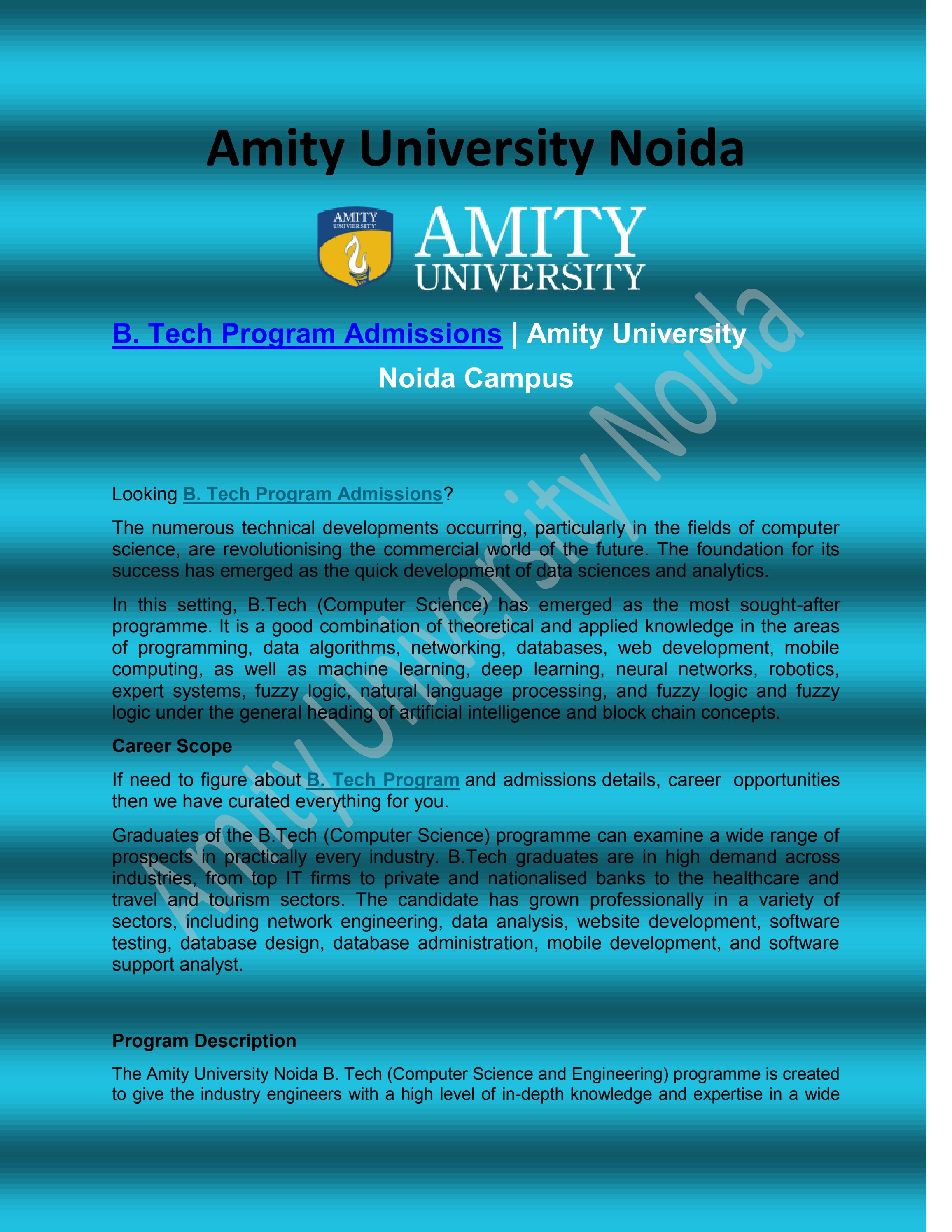 B Tech Program Admissions Amity University Noida Campus By