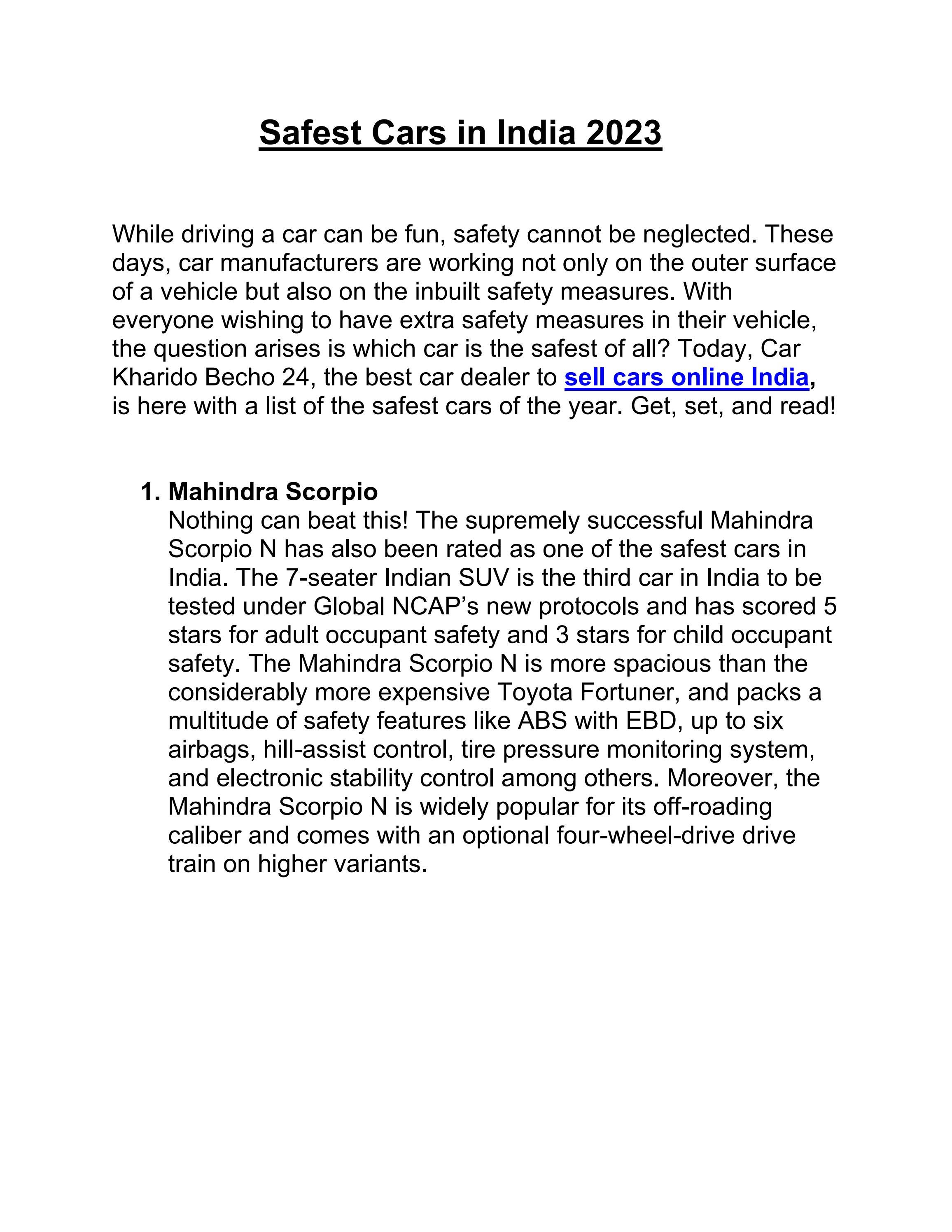 Safest Cars in India 2023 by carkharido becho24 Issuu